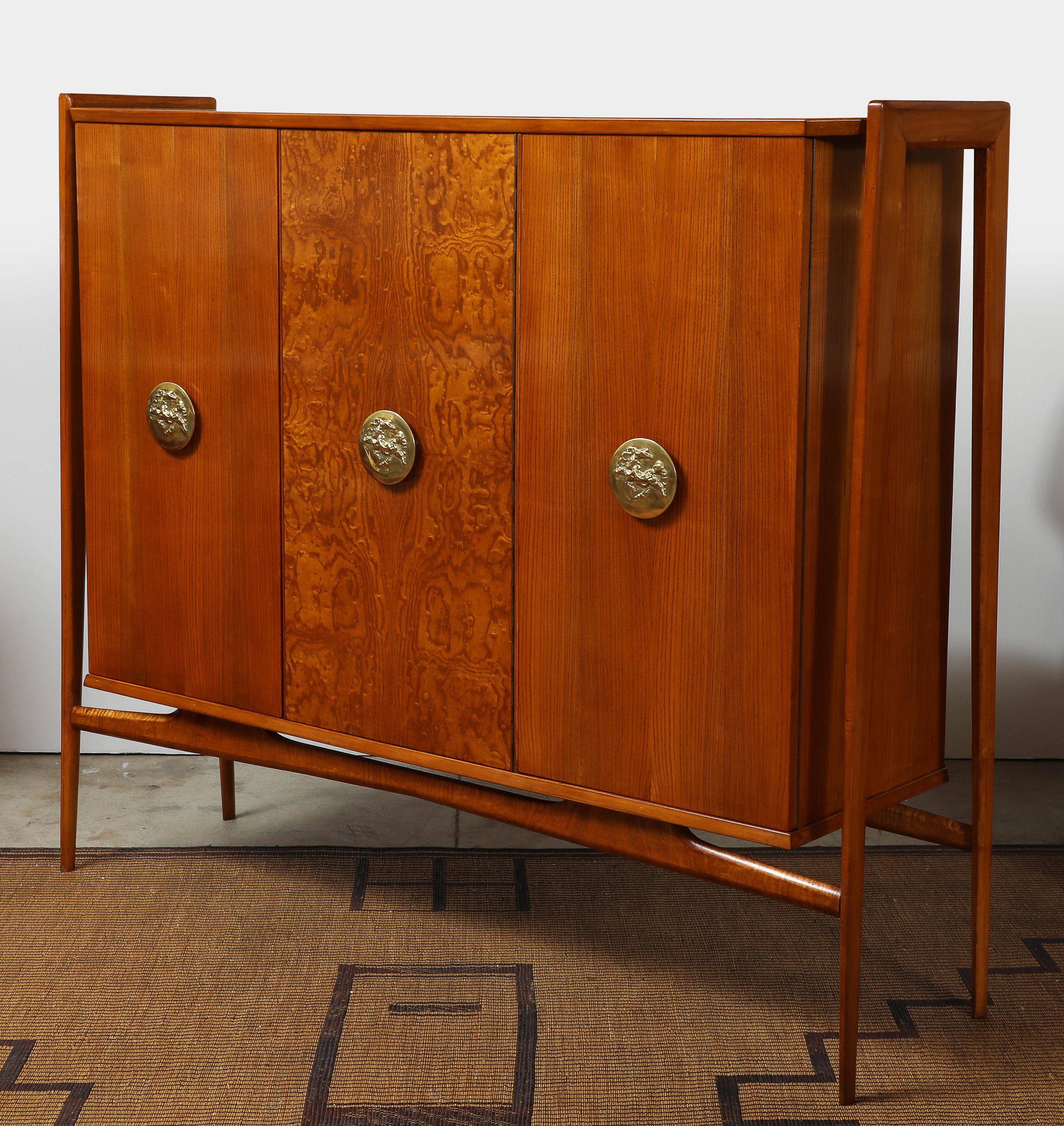 Mid-Century Modern 1960s Walnut High Sideboard Cabinet with Sculptural Brass Handles, Italy For Sale