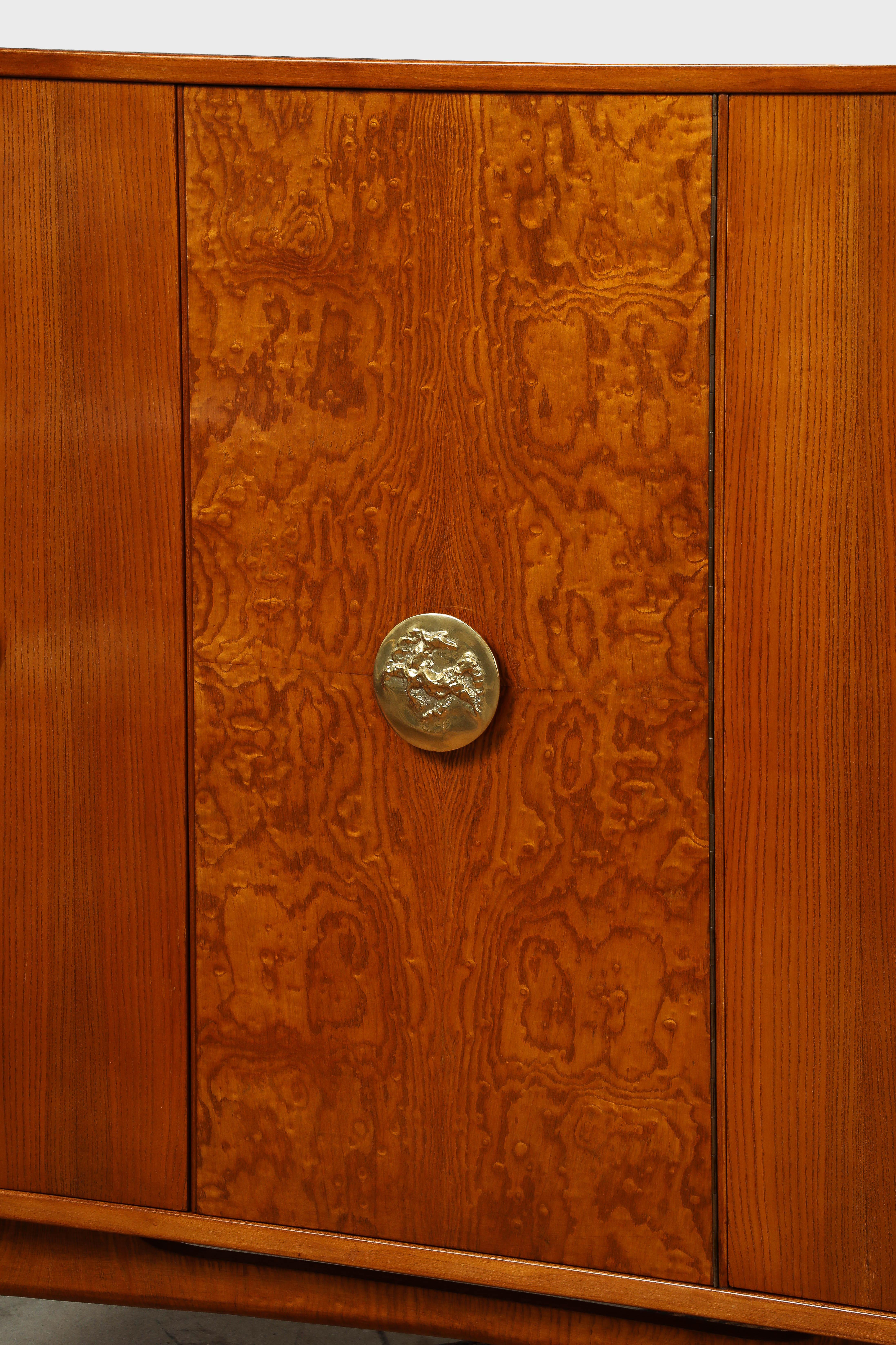 Italian 1960s Walnut High Sideboard Cabinet with Sculptural Brass Handles, Italy For Sale