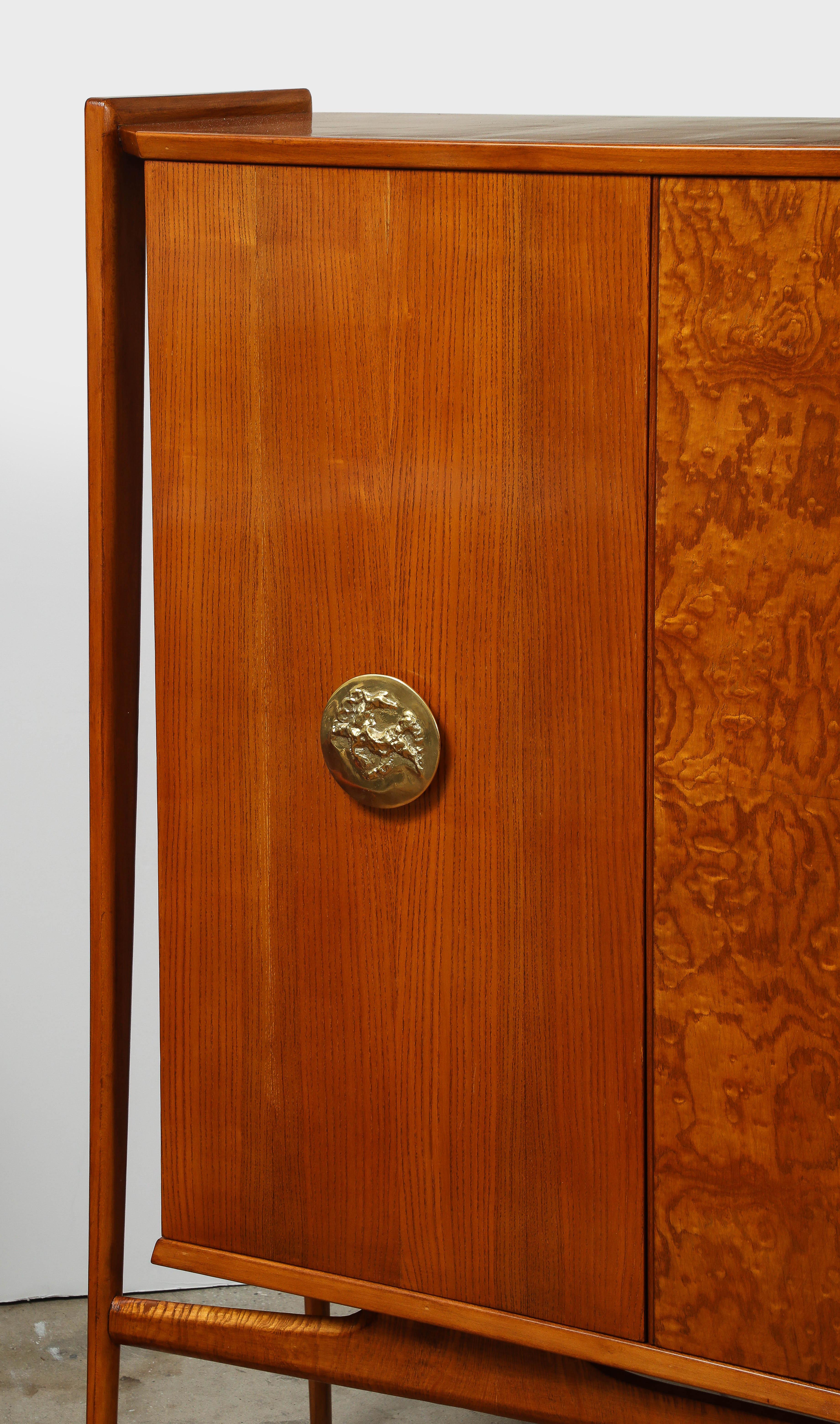Hand-Crafted 1960s Walnut High Sideboard Cabinet with Sculptural Brass Handles, Italy For Sale