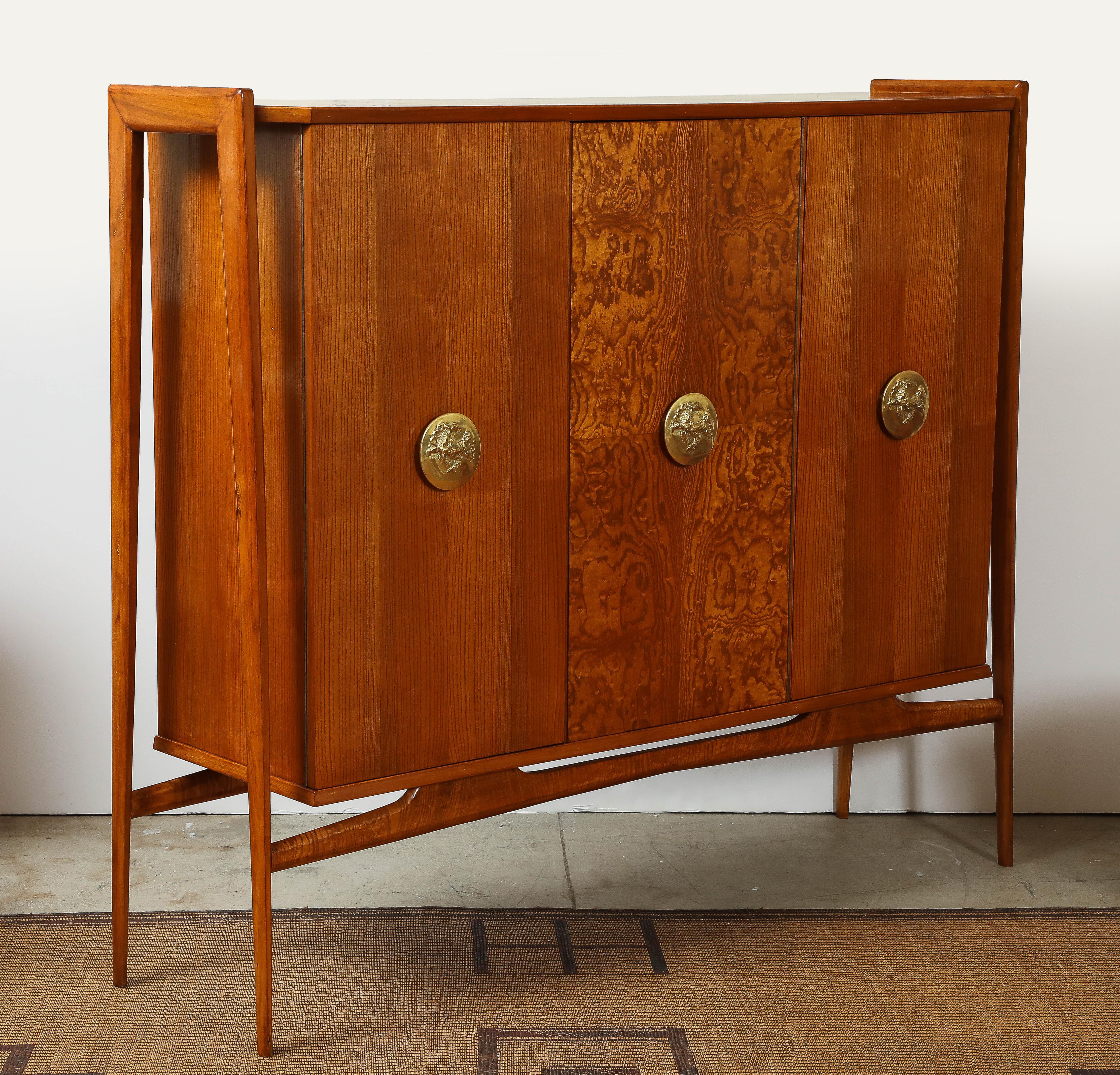 1960s Walnut High Sideboard Cabinet with Sculptural Brass Handles, Italy In Good Condition For Sale In New York, NY