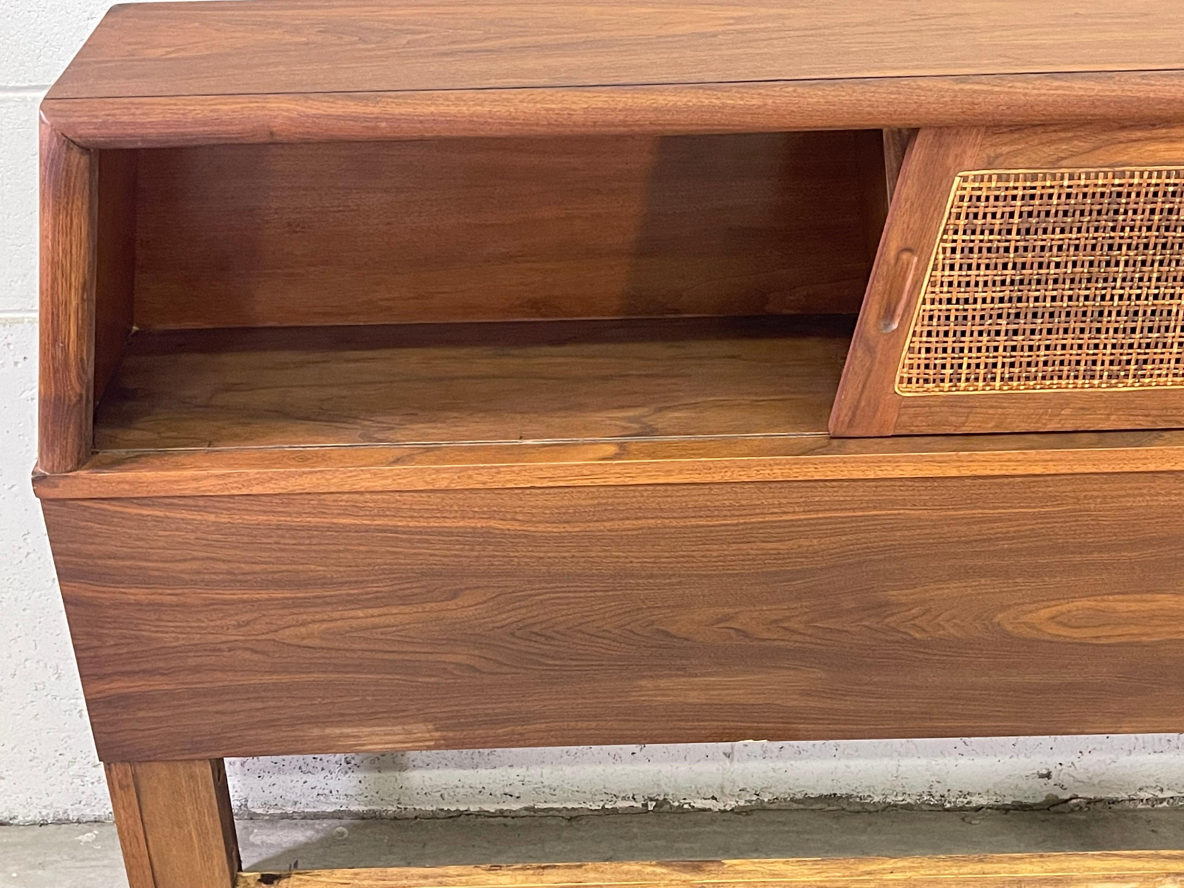 Mid-Century Modern 1960s Walnut King Size Headboard with Cane Sliding Doors