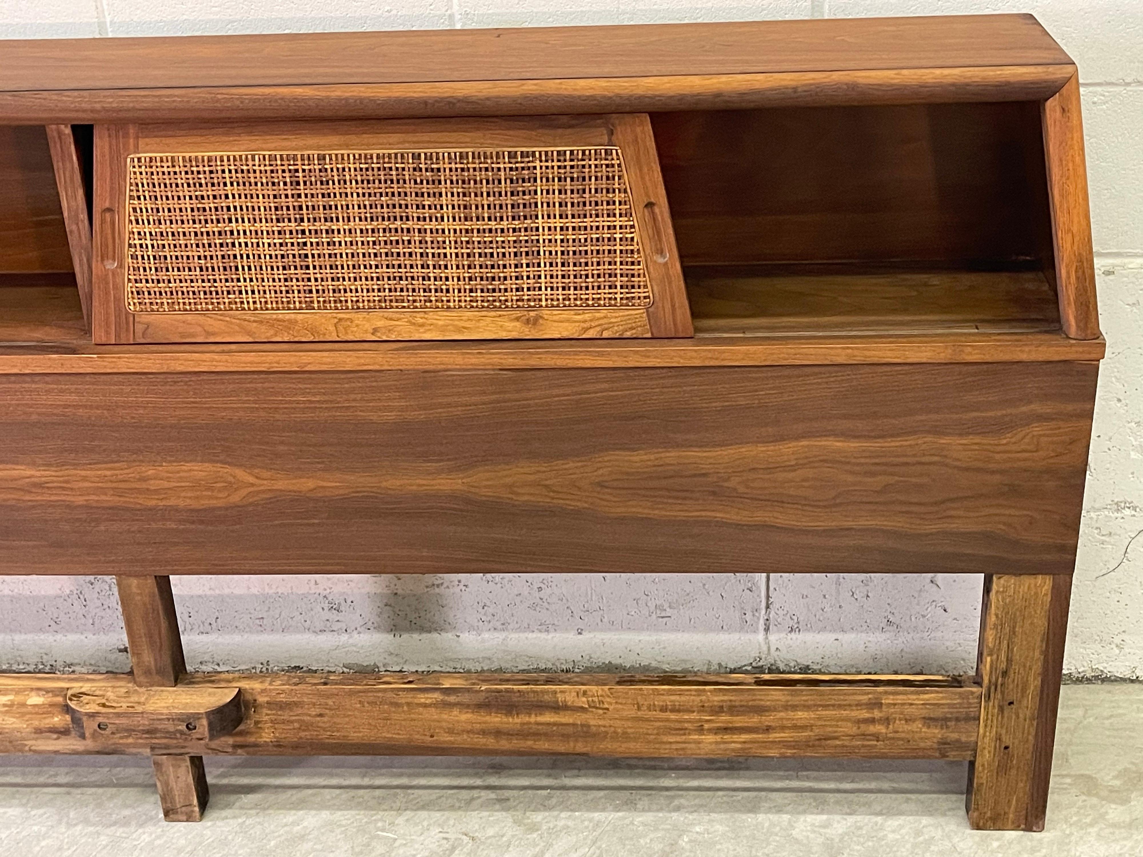 American 1960s Walnut King Size Headboard with Cane Sliding Doors