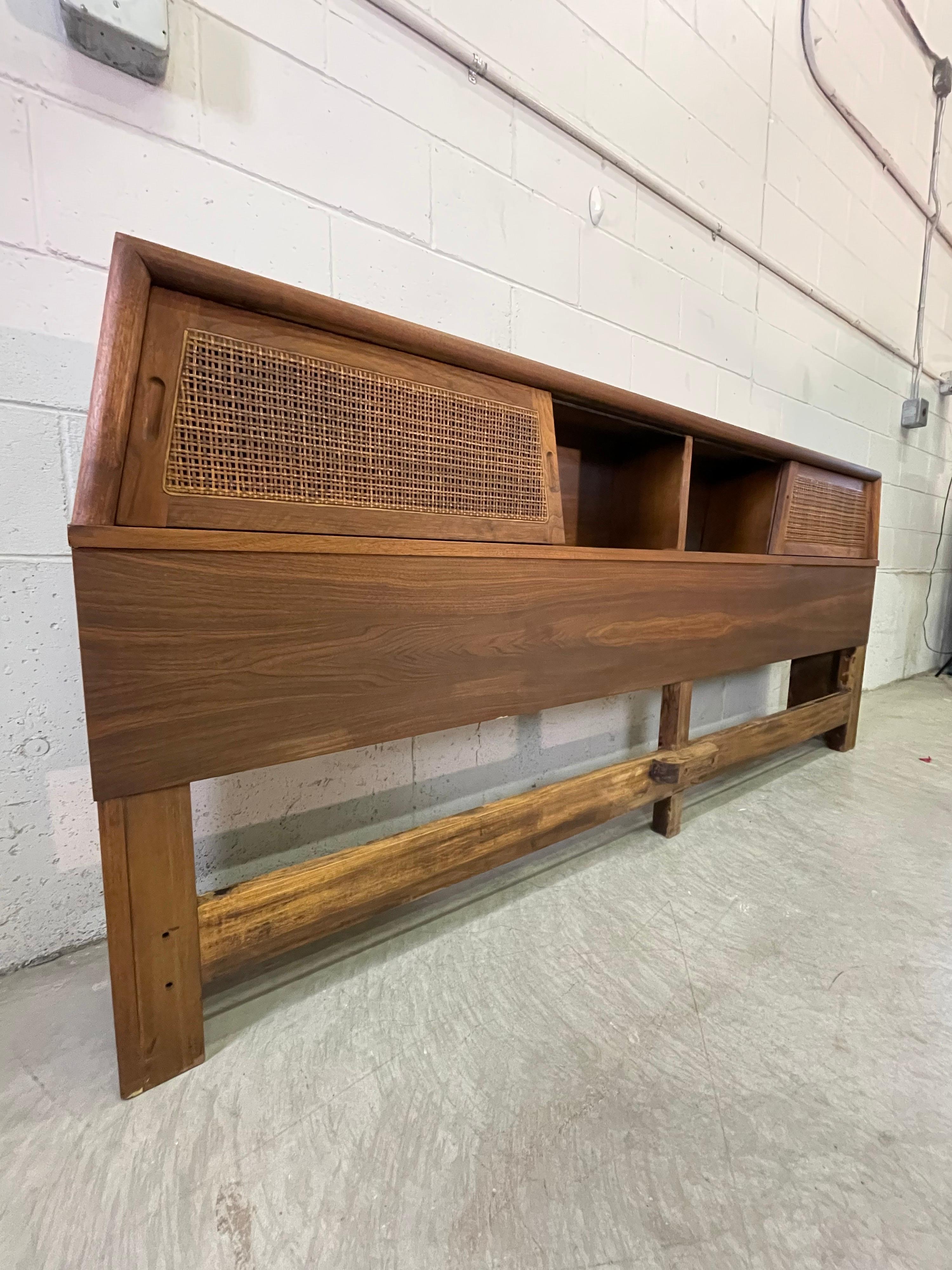 1960s Walnut King Size Headboard with Cane Sliding Doors In Good Condition In Amherst, NH
