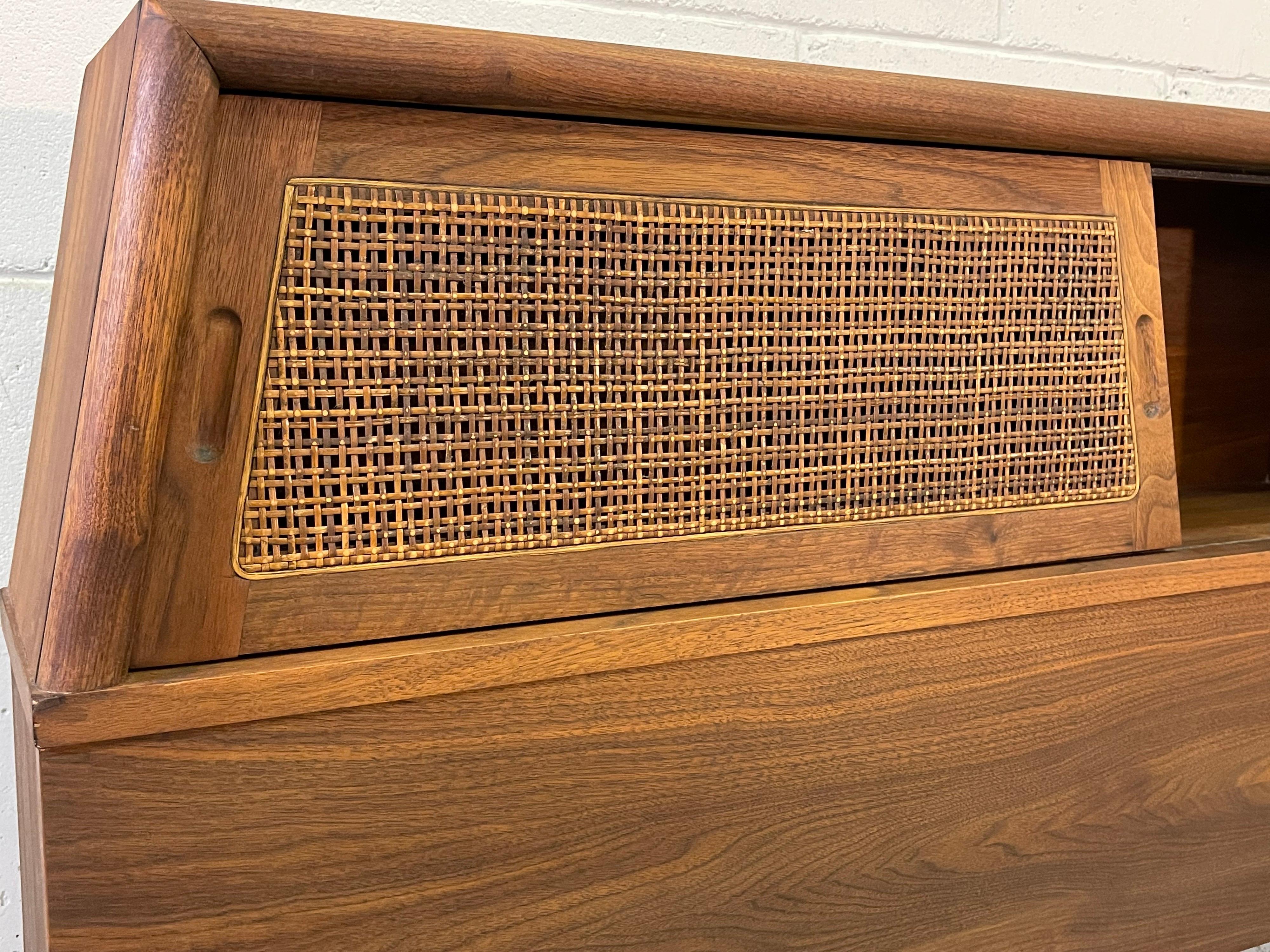 20th Century 1960s Walnut King Size Headboard with Cane Sliding Doors