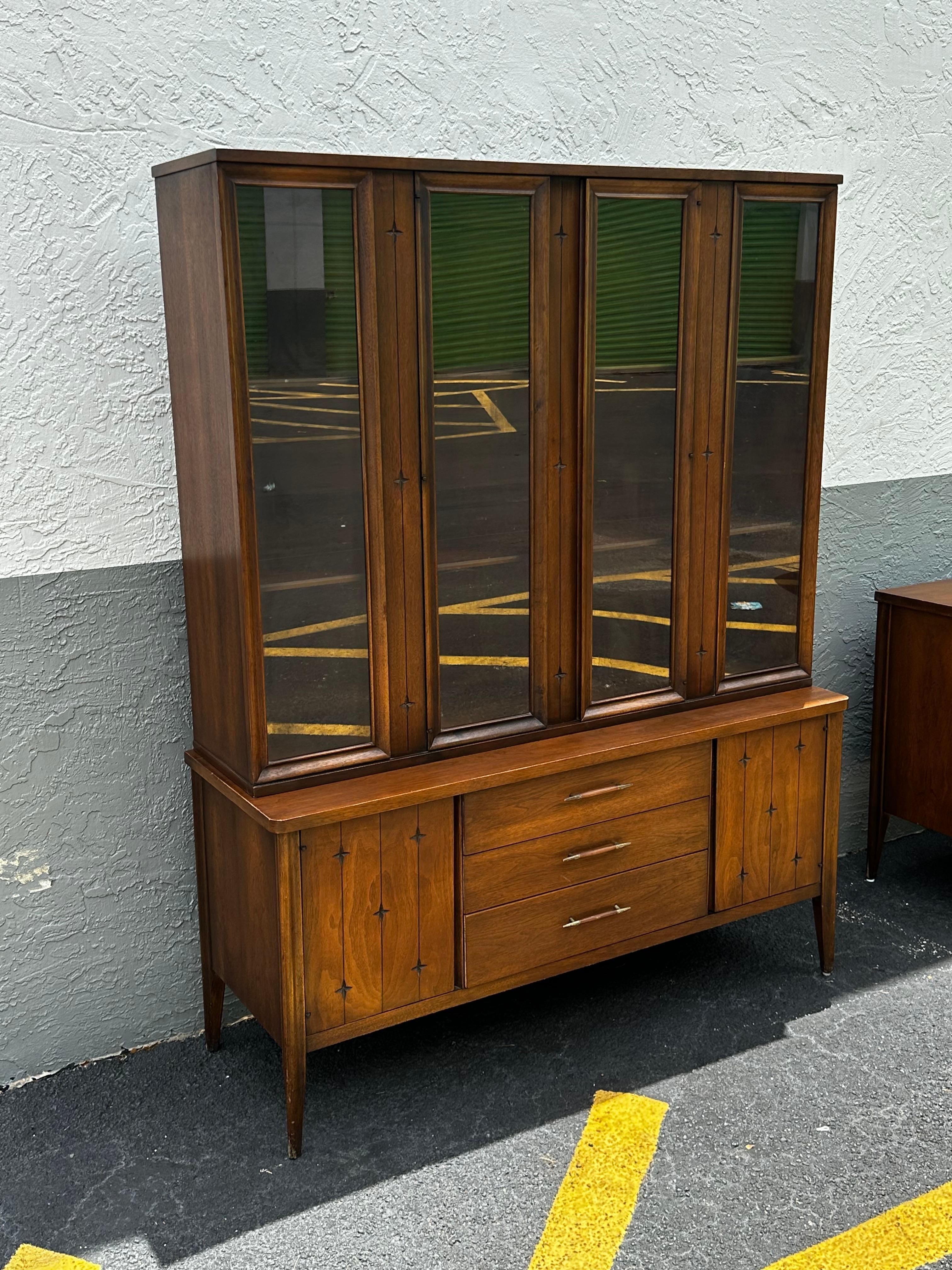American 1960s Walnut MCM  Broyhill Saga Buffet Credenza Bookcase Hutch For Sale