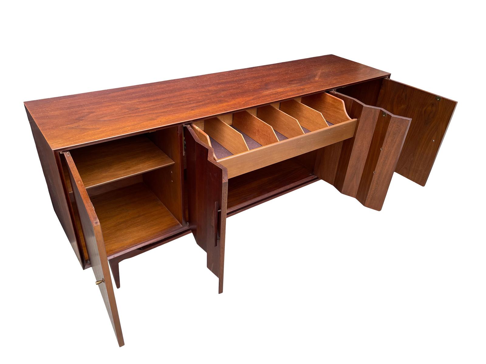 Mid-Century Modern 1960s Walnut Sculptured Front Credenza by Specialty Woodcraft  For Sale