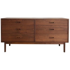 1960s Walnut Six-Drawer Credenza with Curved Pulls