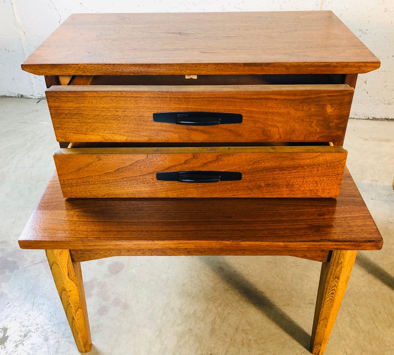 1960s Walnut Wood StepBack Nightstands by Dixie Furniture Co, Pair For