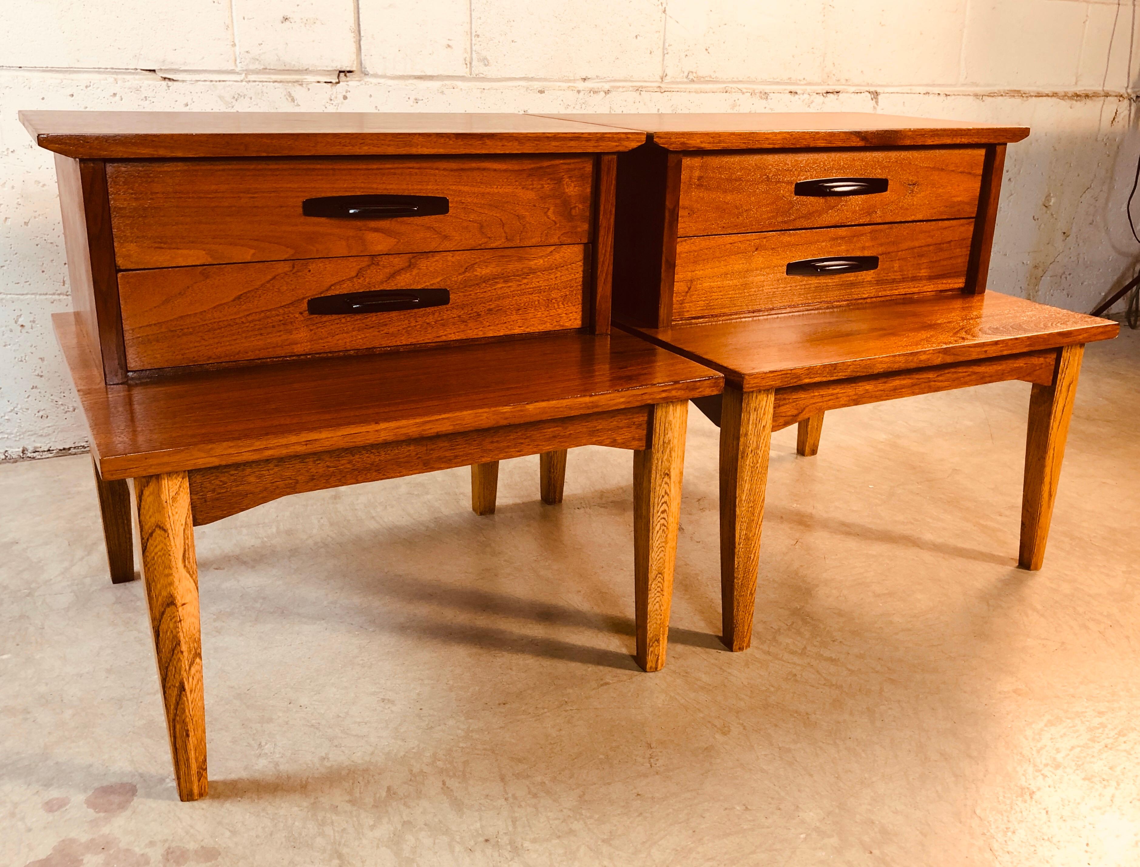 20th Century 1960s Walnut Wood Step-Back Nightstands by Dixie Furniture Co, Pair For Sale