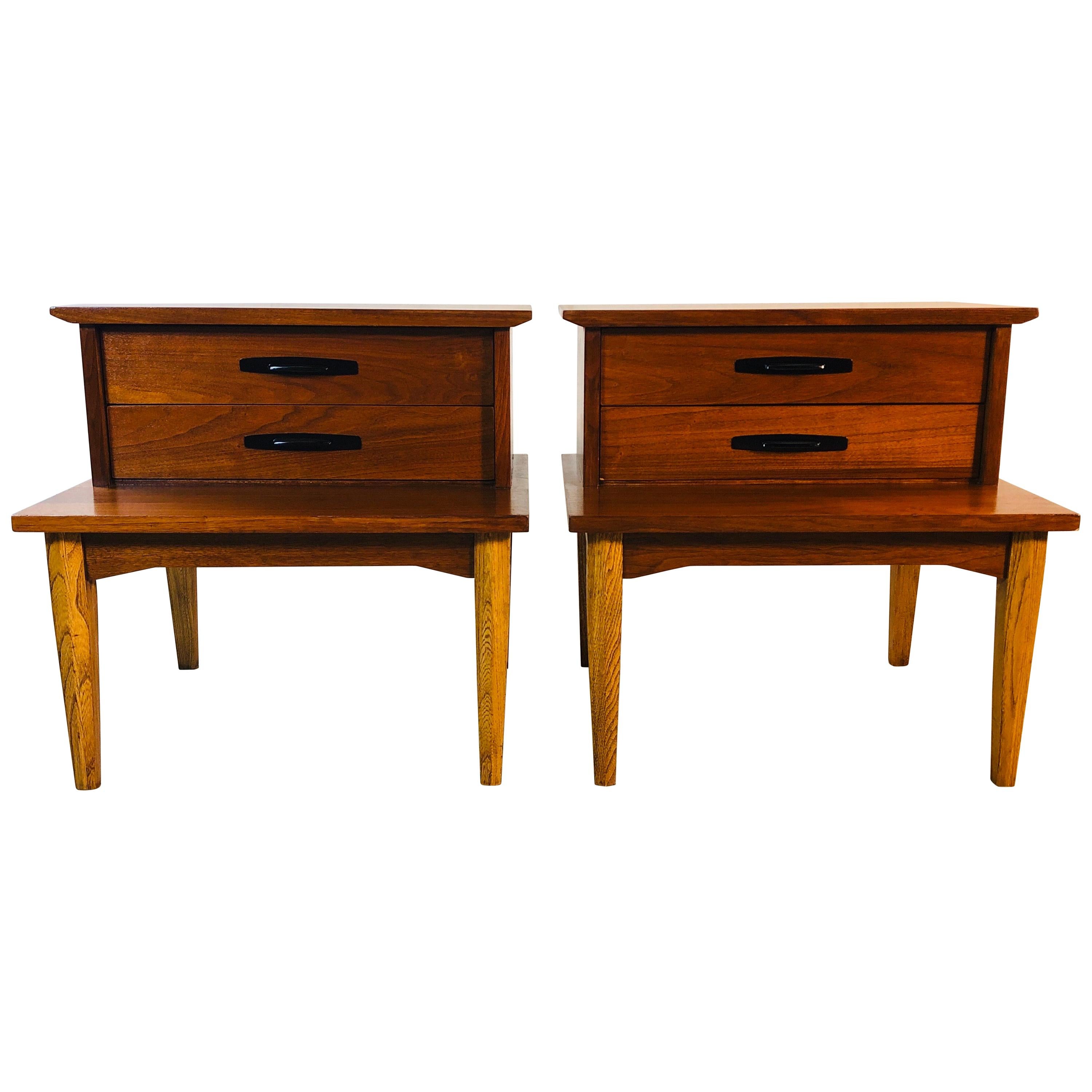 1960s Walnut Wood Step-Back Nightstands by Dixie Furniture Co, Pair For Sale