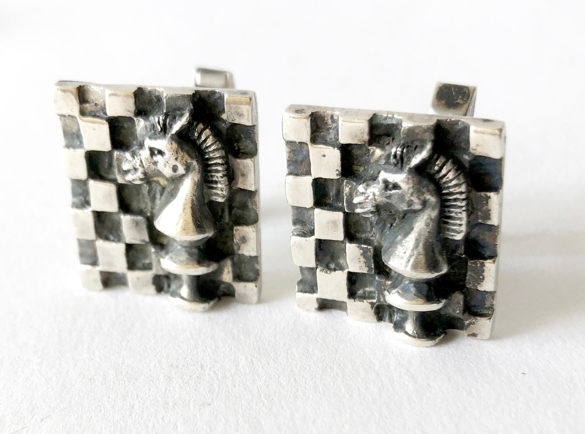 American modernist sterling silver knight cufflinks made by Walter Wright.  Cufflinks have good weight and measure 1 3/4