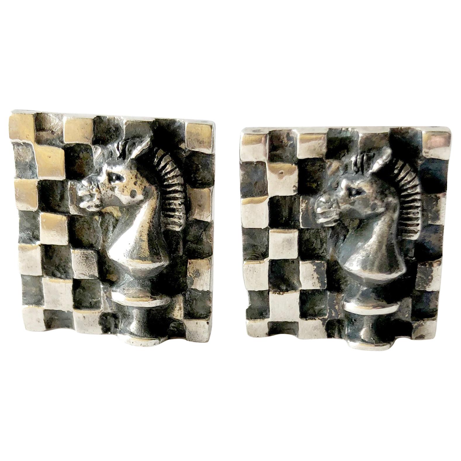 1960s Walter Wright Sterling Silver Knight Chess Player Cufflinks