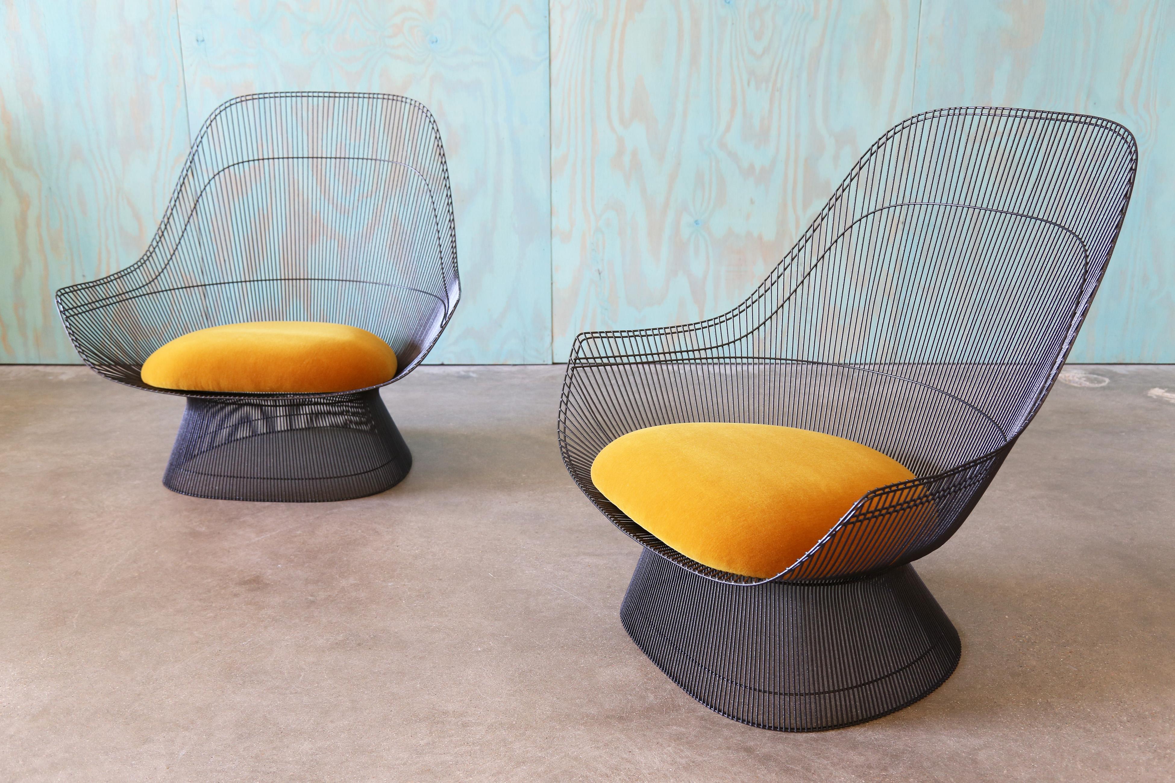 A pair of Warren Platner throne Easy Lounge chairs for Knoll.  These chairs typically come with a fully upholstered fiberglass shell insert however when we found these chairs all that was left of them was the wire frames.  These chairs have been
