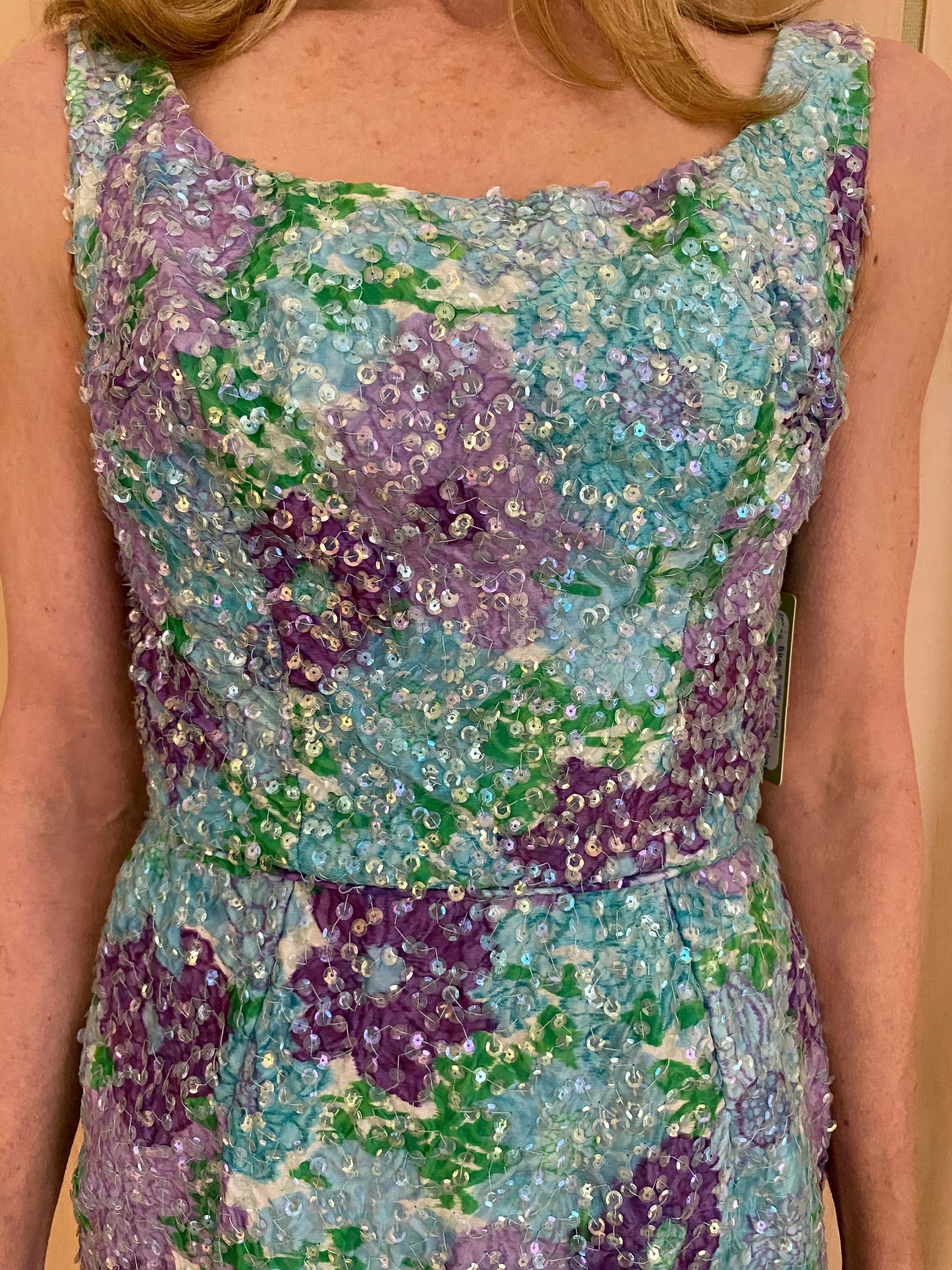1960s Watercolor  Blue and Purple Floral Print Sleeveless Sheath Dress 4