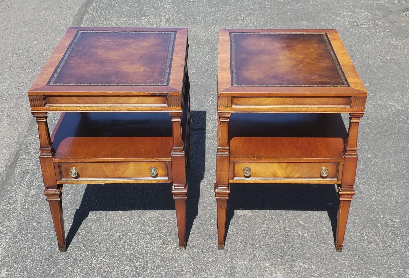 American 1960s Weiman Heirloom Tiered Mahogany and Tooled Leather top Side Tables For Sale