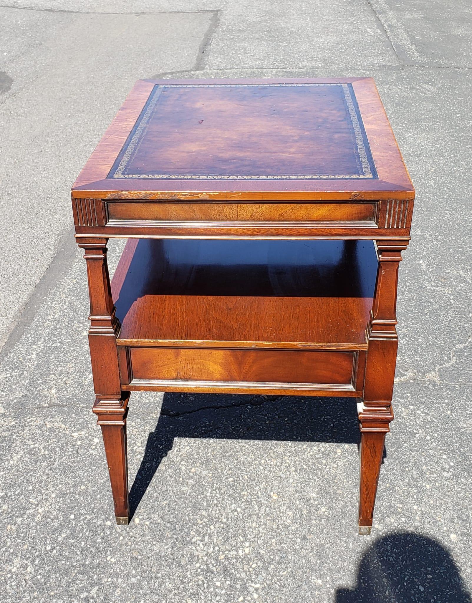 Stained 1960s Weiman Heirloom Tiered Mahogany and Tooled Leather top Side Tables For Sale