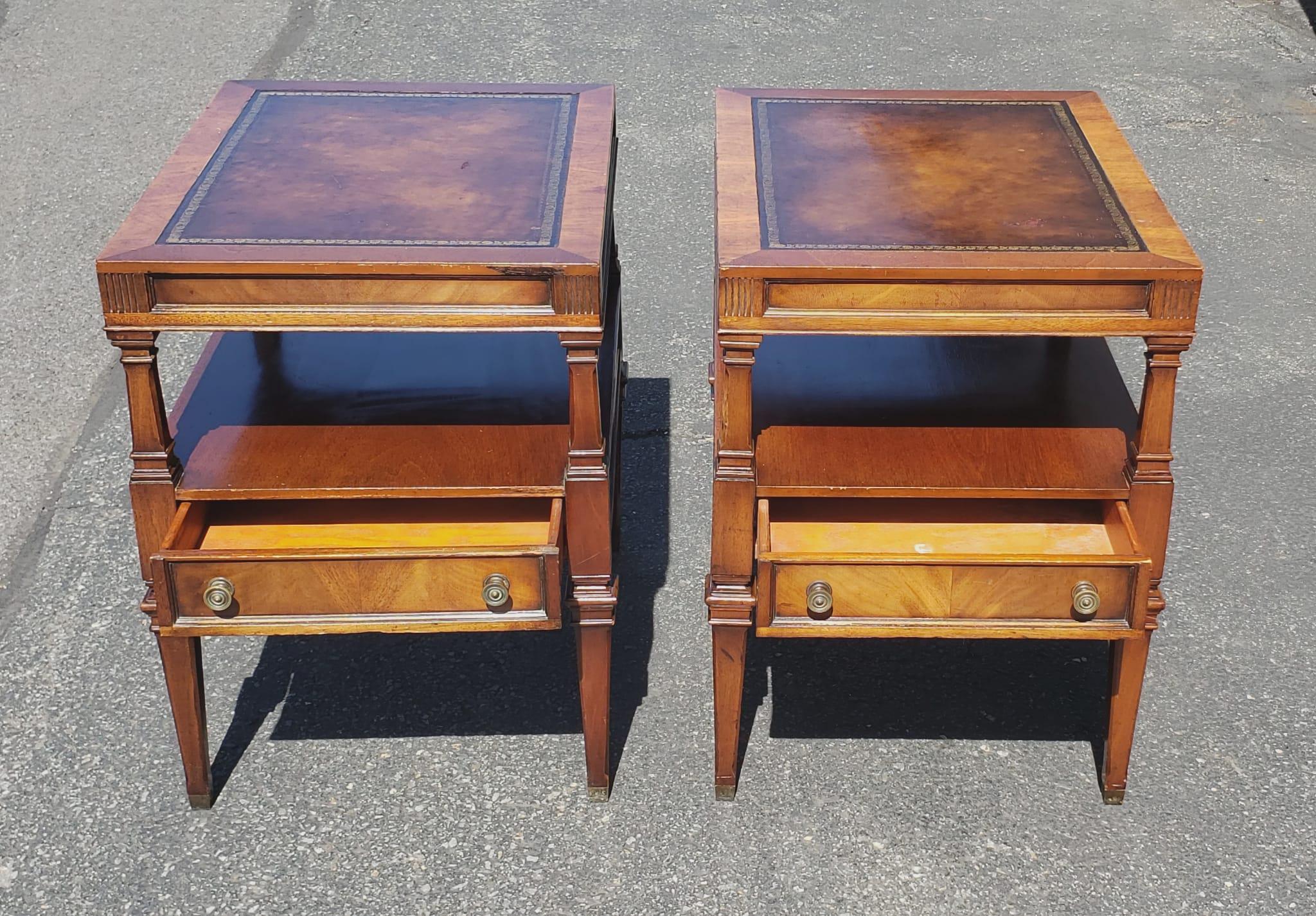 1960s Weiman Heirloom Tiered Mahogany and Tooled Leather top Side Tables In Good Condition For Sale In Germantown, MD