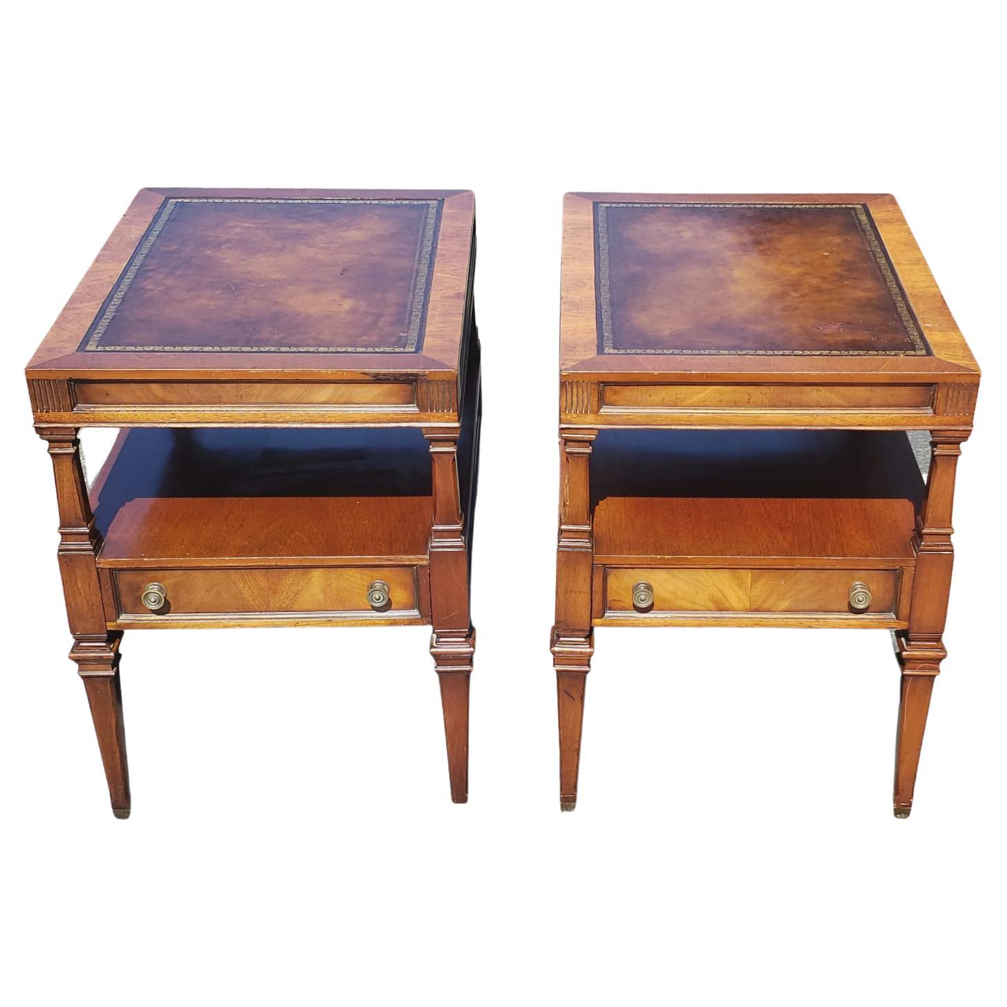 1960s Weiman Heirloom Tiered Mahogany and Tooled Leather top Side Tables For Sale