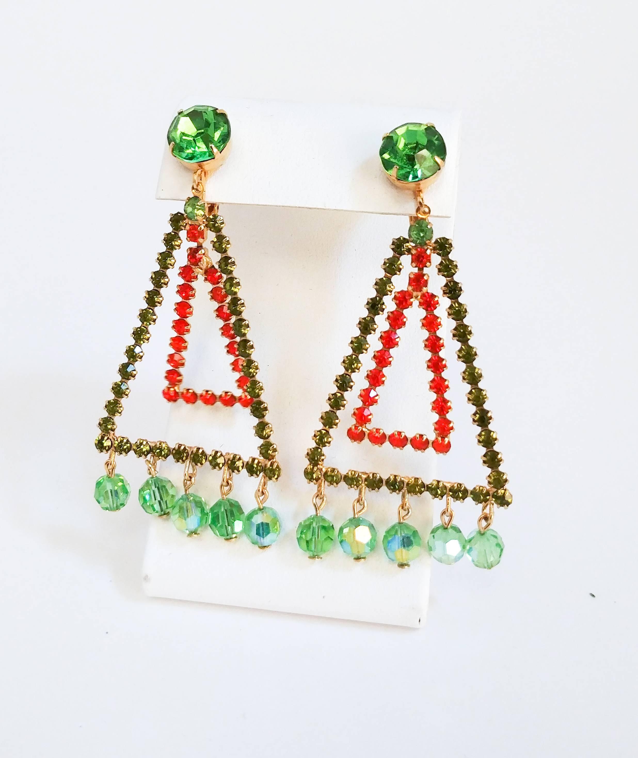 1960s Weiss Geometric Orange & Green Earrings. Triangular earrings clip-on earrings with dangling green glass beads. 