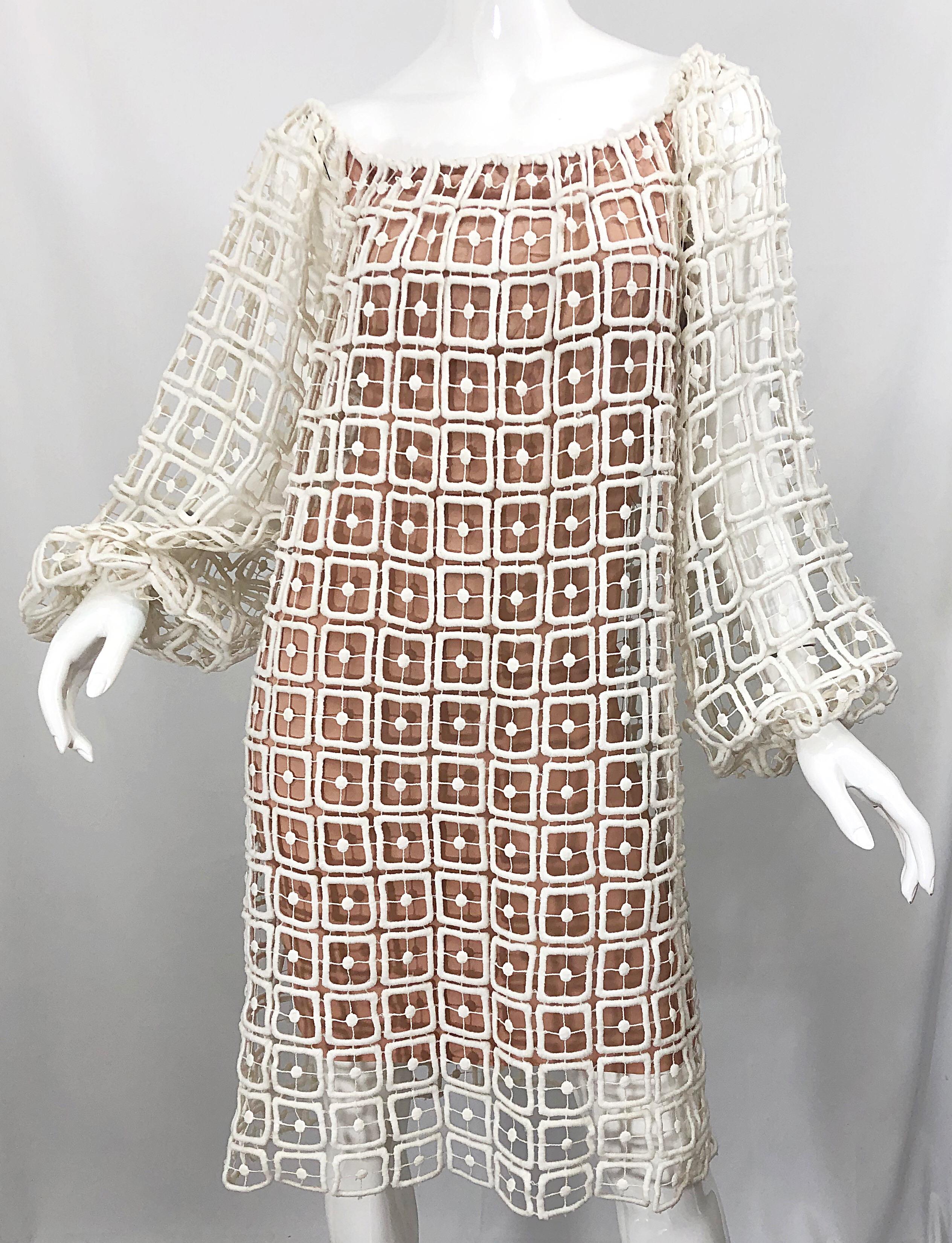 1960s Werle Beverly Hills Demi Couture Nude Ivory Silk Cotton 60s Vintage Dress For Sale 1