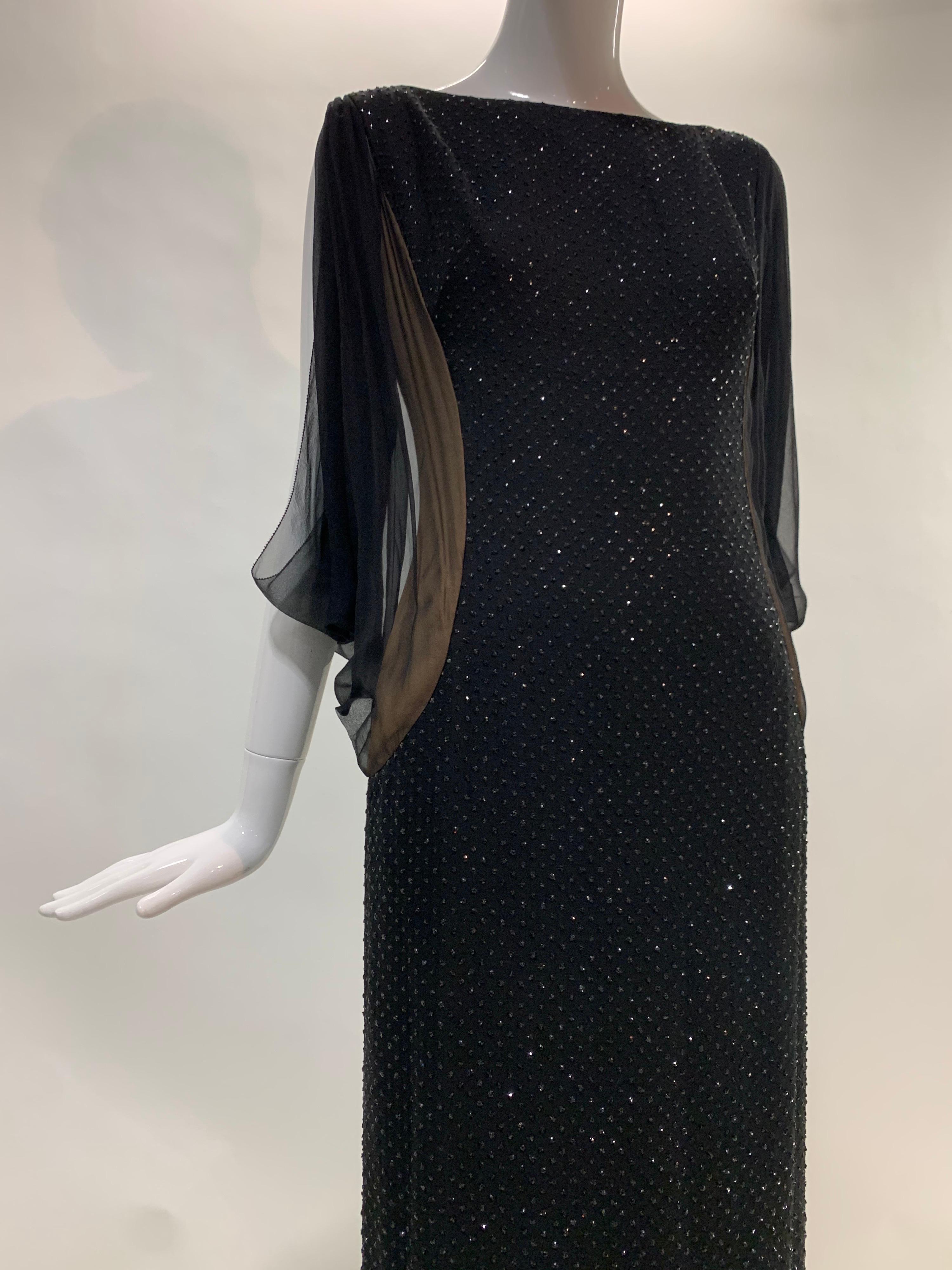 Werle Glamouröses schwarzes glitzerndes Seidenchiffonkleid mit dramatischen Ärmeln, 1960er Jahre (Schwarz) im Angebot