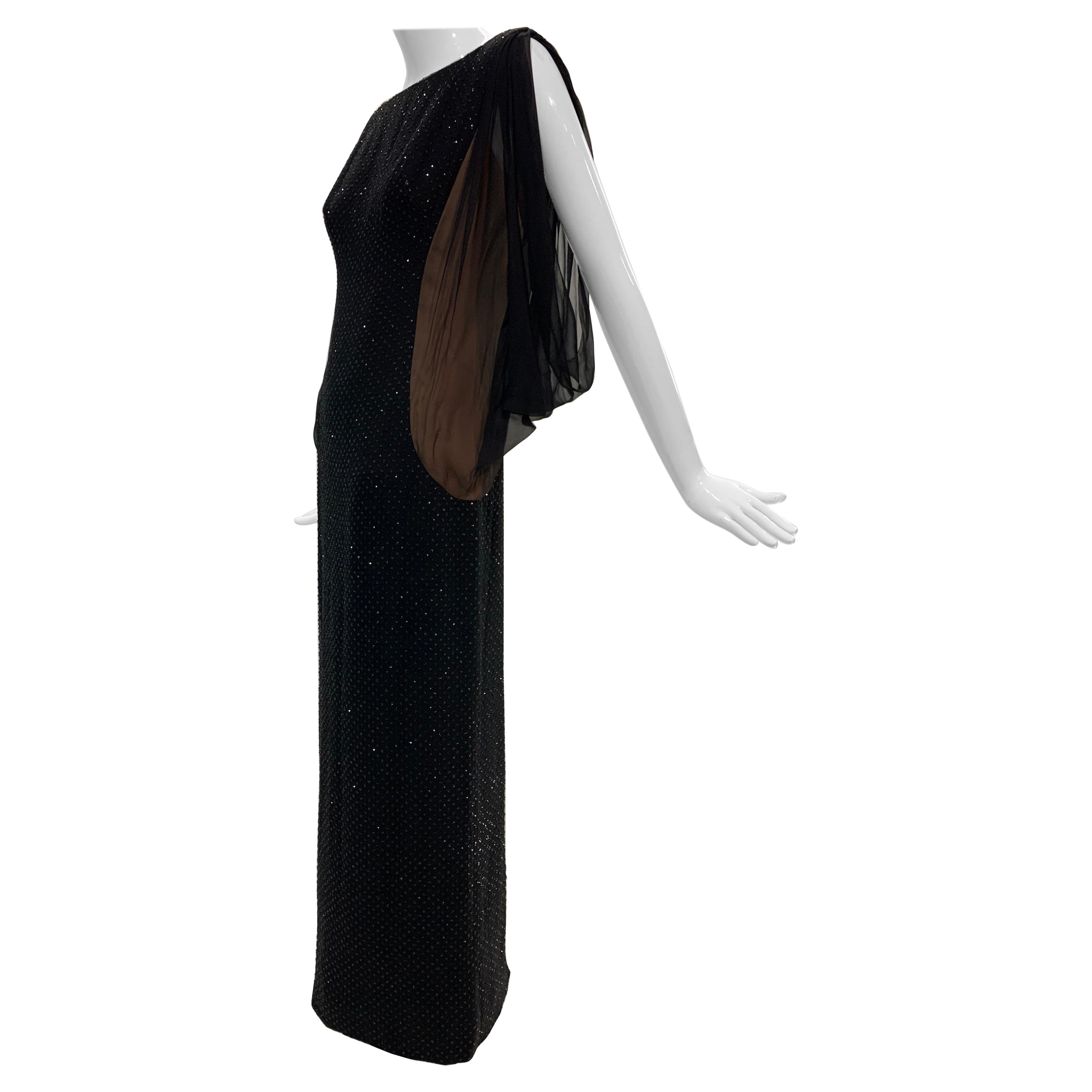 Werle - Robe glamour en mousseline de soie noire pailletée avec manches spectaculaires, années 1960