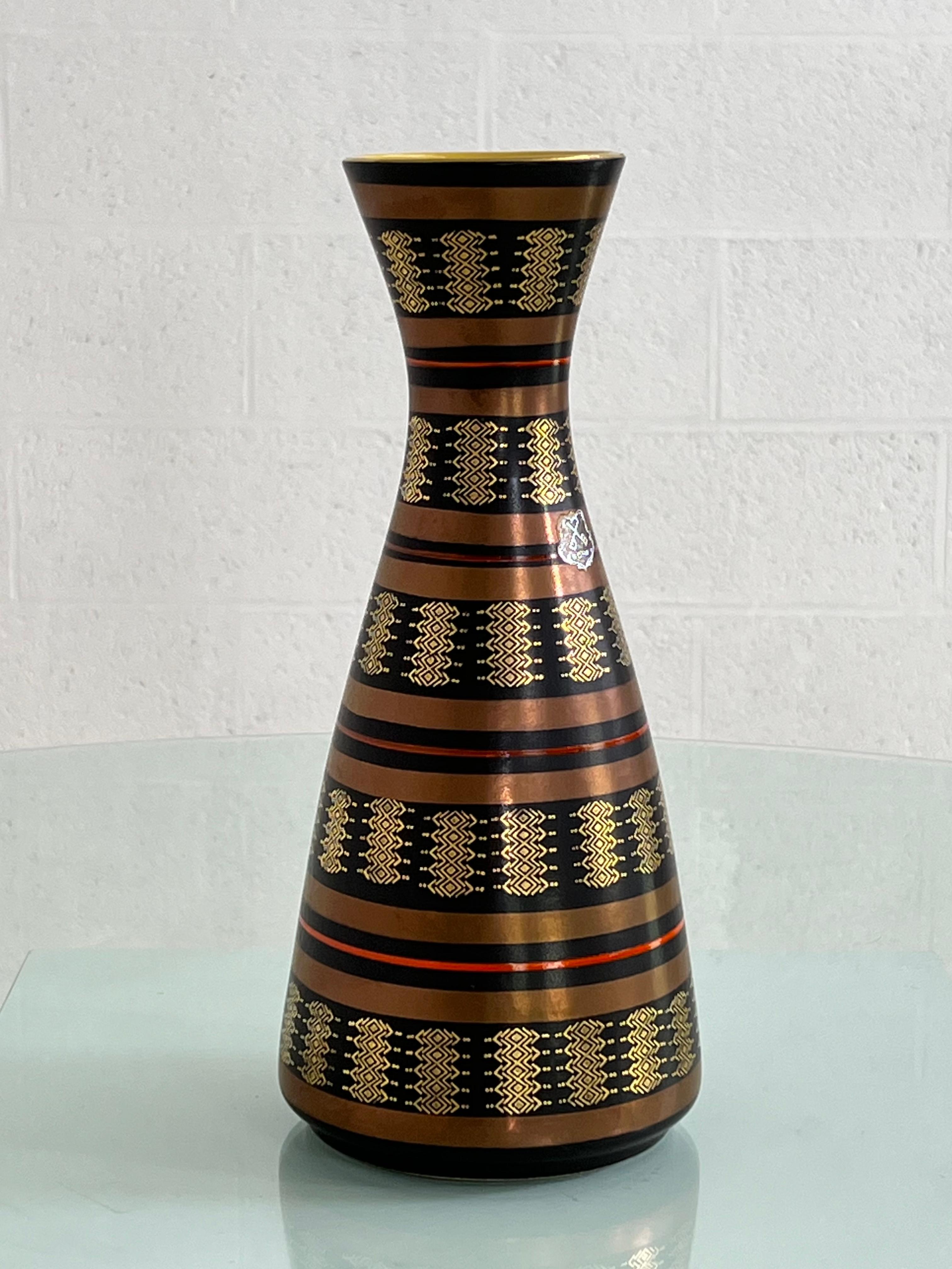 European 1960s West Germany Handmade Ceramic Vase Copper And Gold Color Finishes For Sale