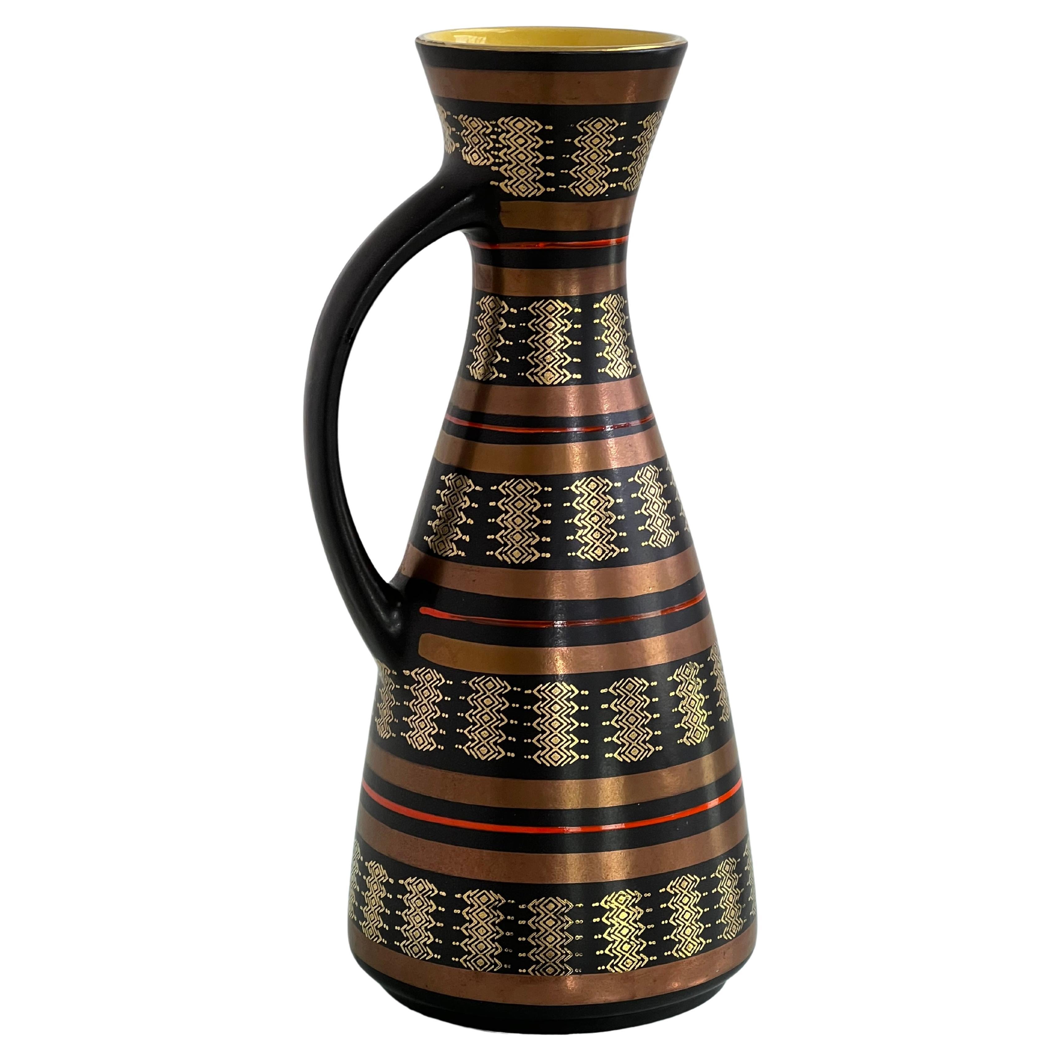1960s West Germany Handmade Ceramic Vase Copper And Gold Color Finishes en vente