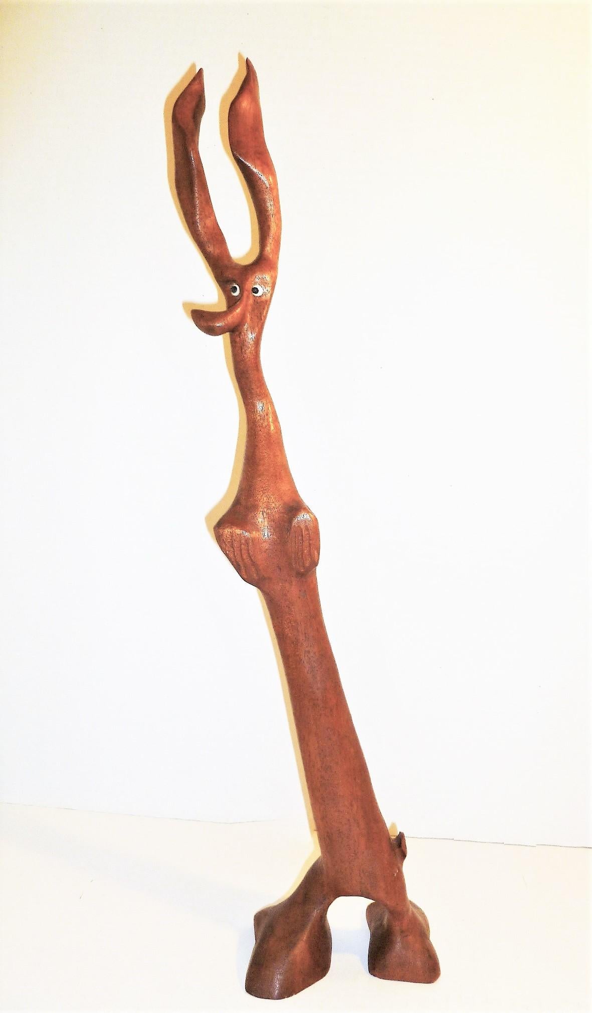 Midcentury tall abstract figural teak sculpture 