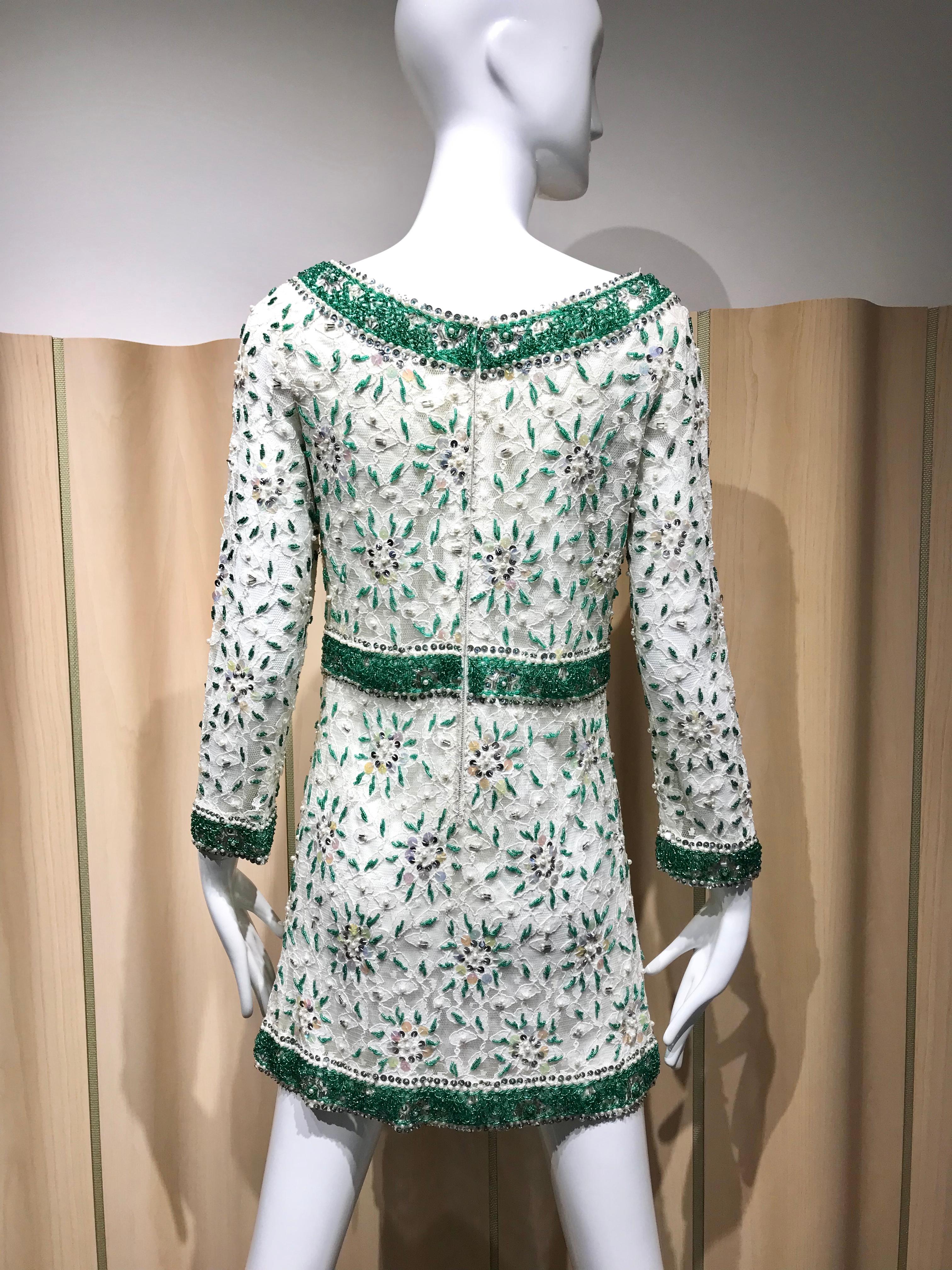 Women's 1960s White and Green  Beaded Mini Cocktail Dress For Sale