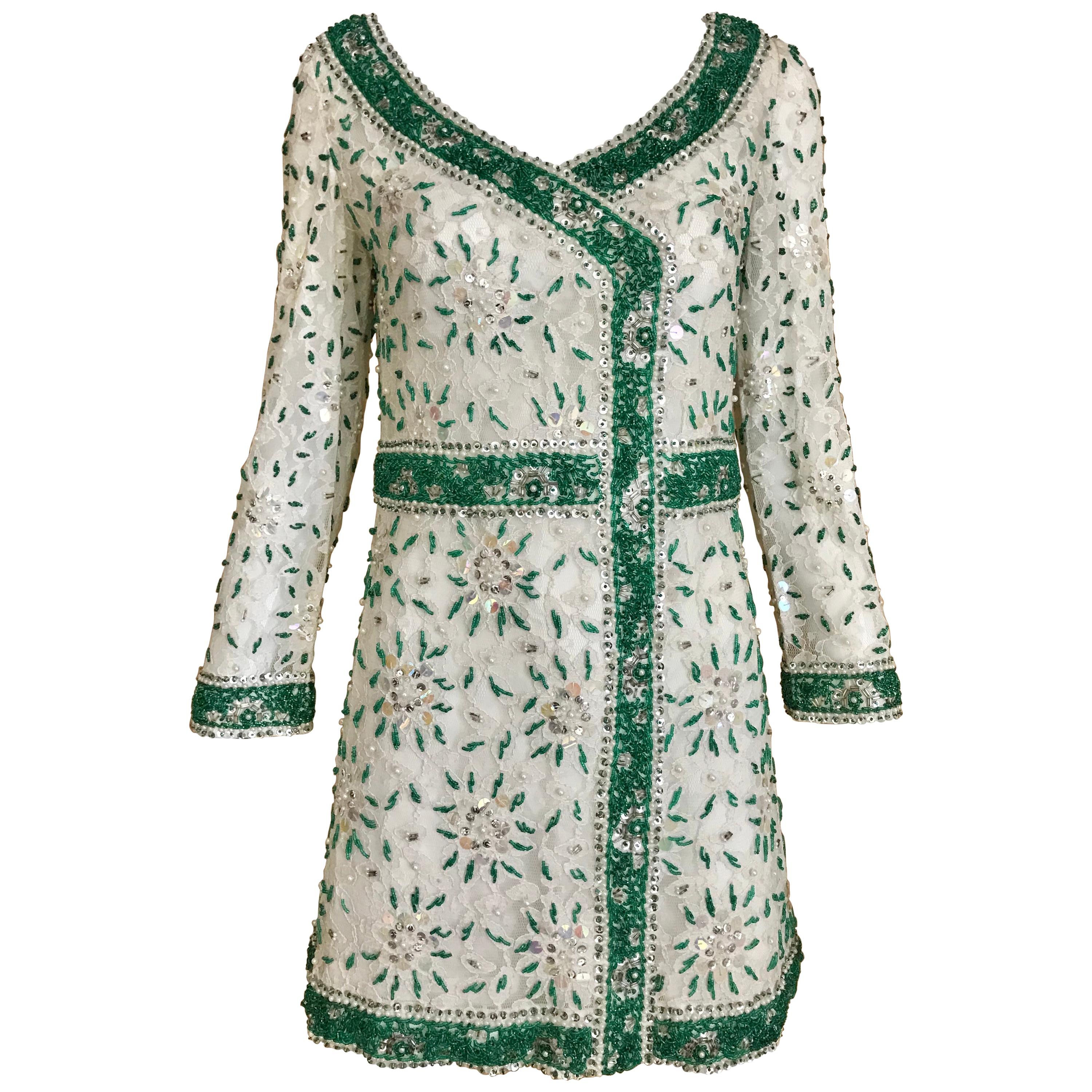 1960s White and Green  Beaded Mini Cocktail Dress