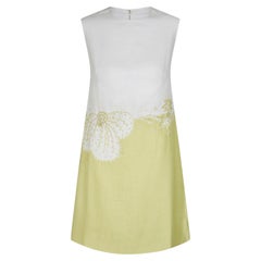 1960s White and Lime Green Linen Dress with Embroidery