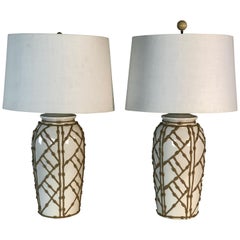 1960s White Bamboo Style Ceramic Table Lamps, Pair