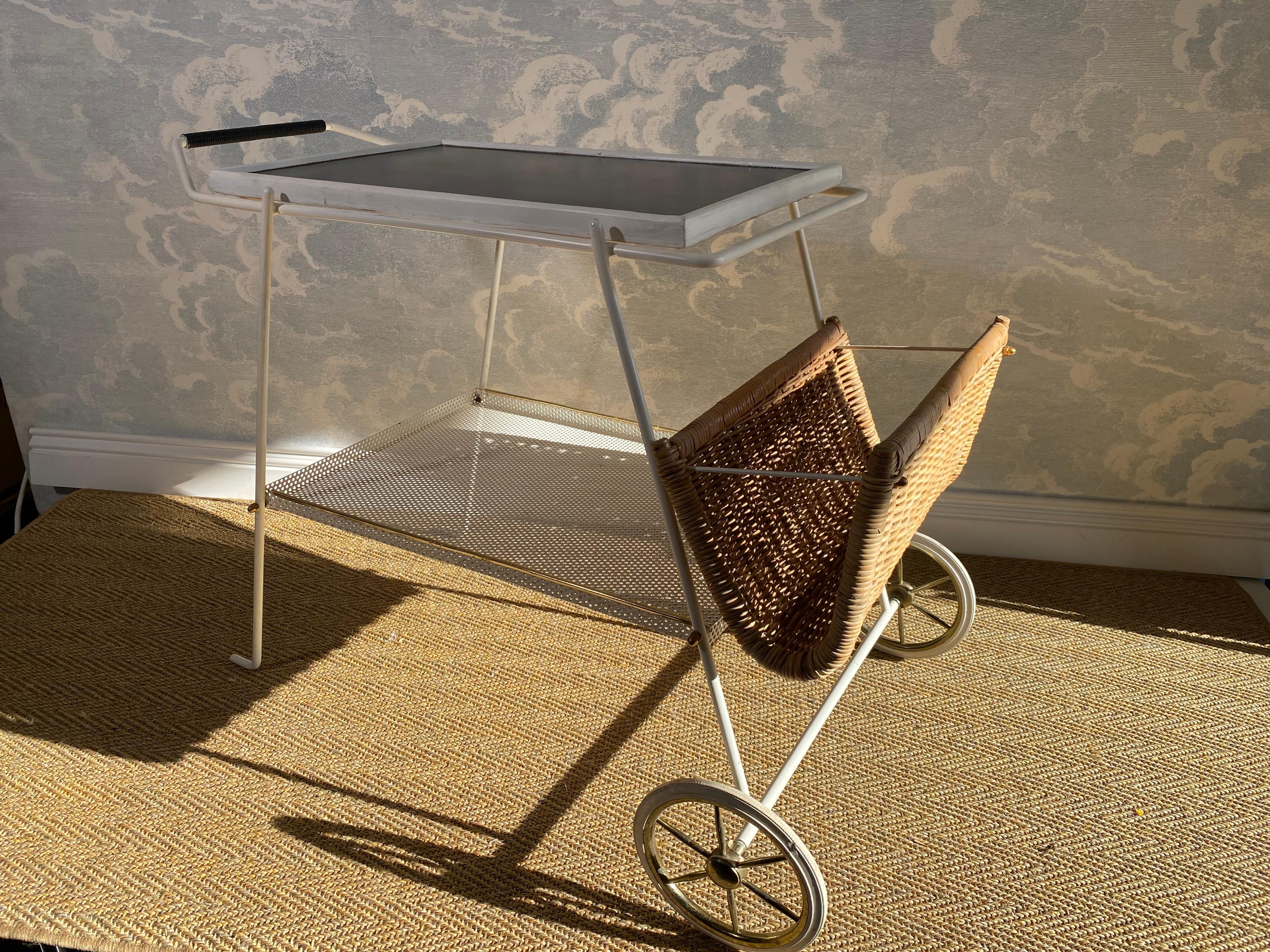 1960s White Bar Cart / Tea Trolley with Wicker Basket and Removable Tray For Sale 3