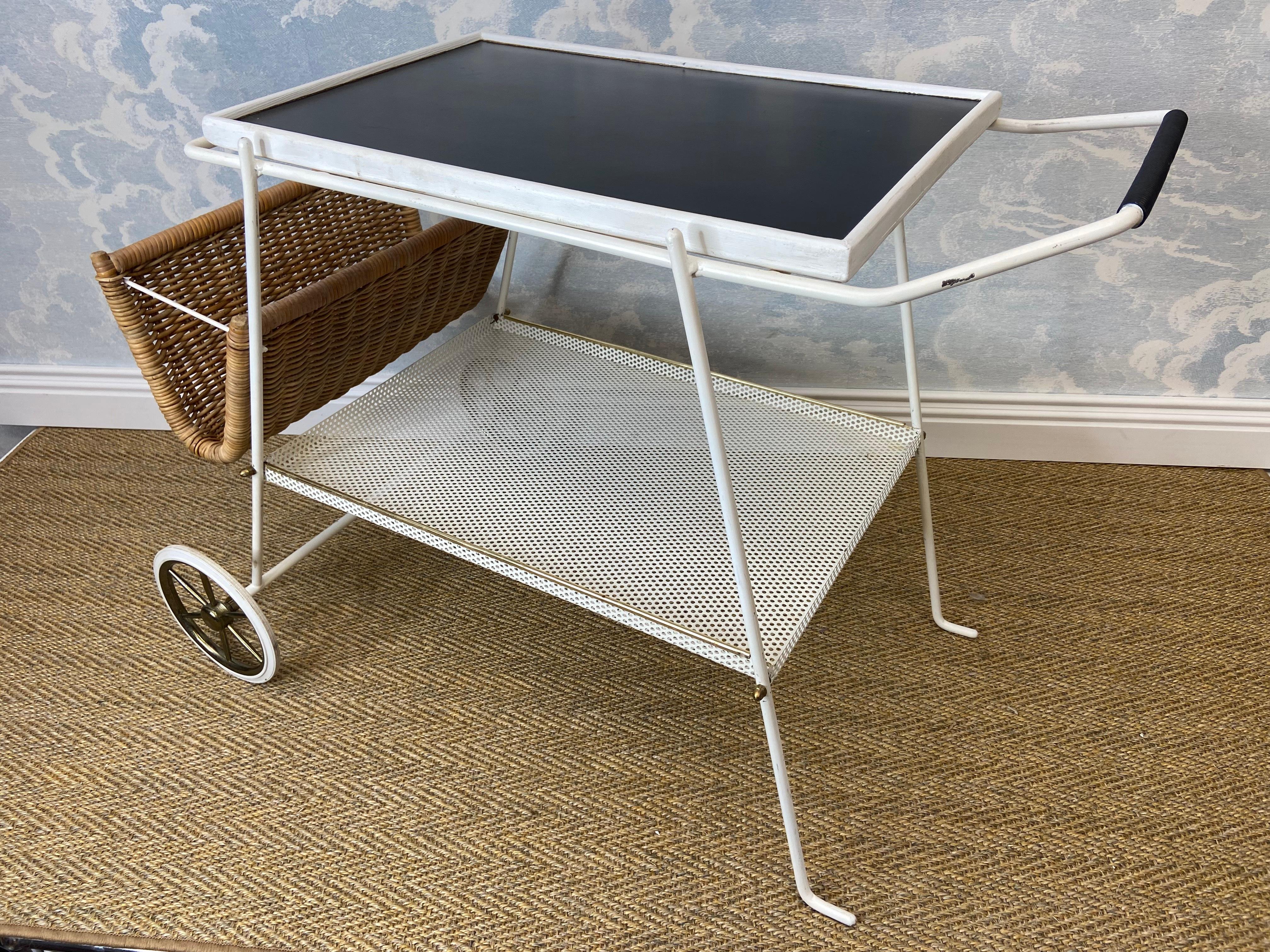 1960s White Bar Cart / Tea Trolley with Wicker Basket and Removable Tray For Sale 5