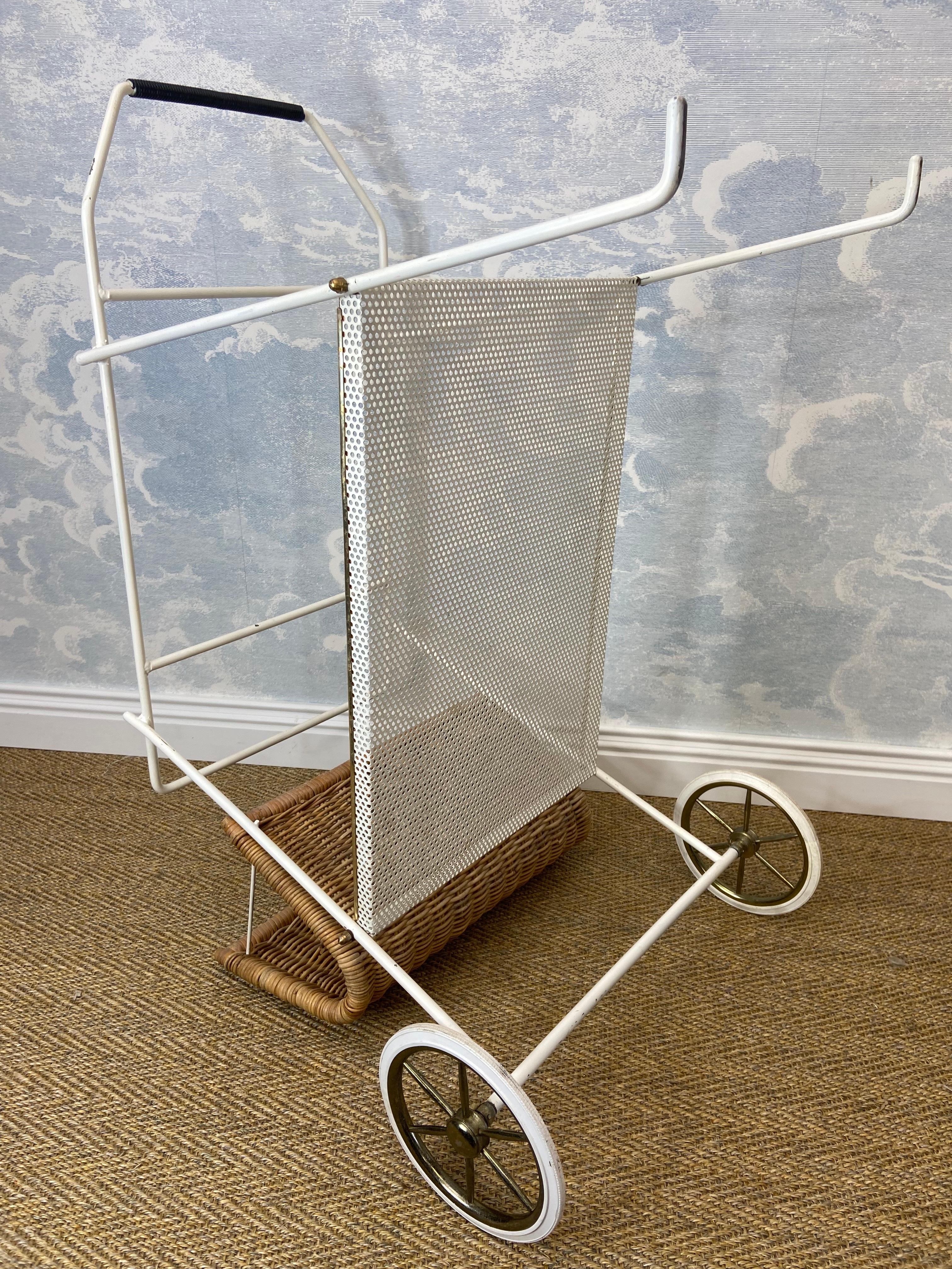 1960s White Bar Cart / Tea Trolley with Wicker Basket and Removable Tray For Sale 7