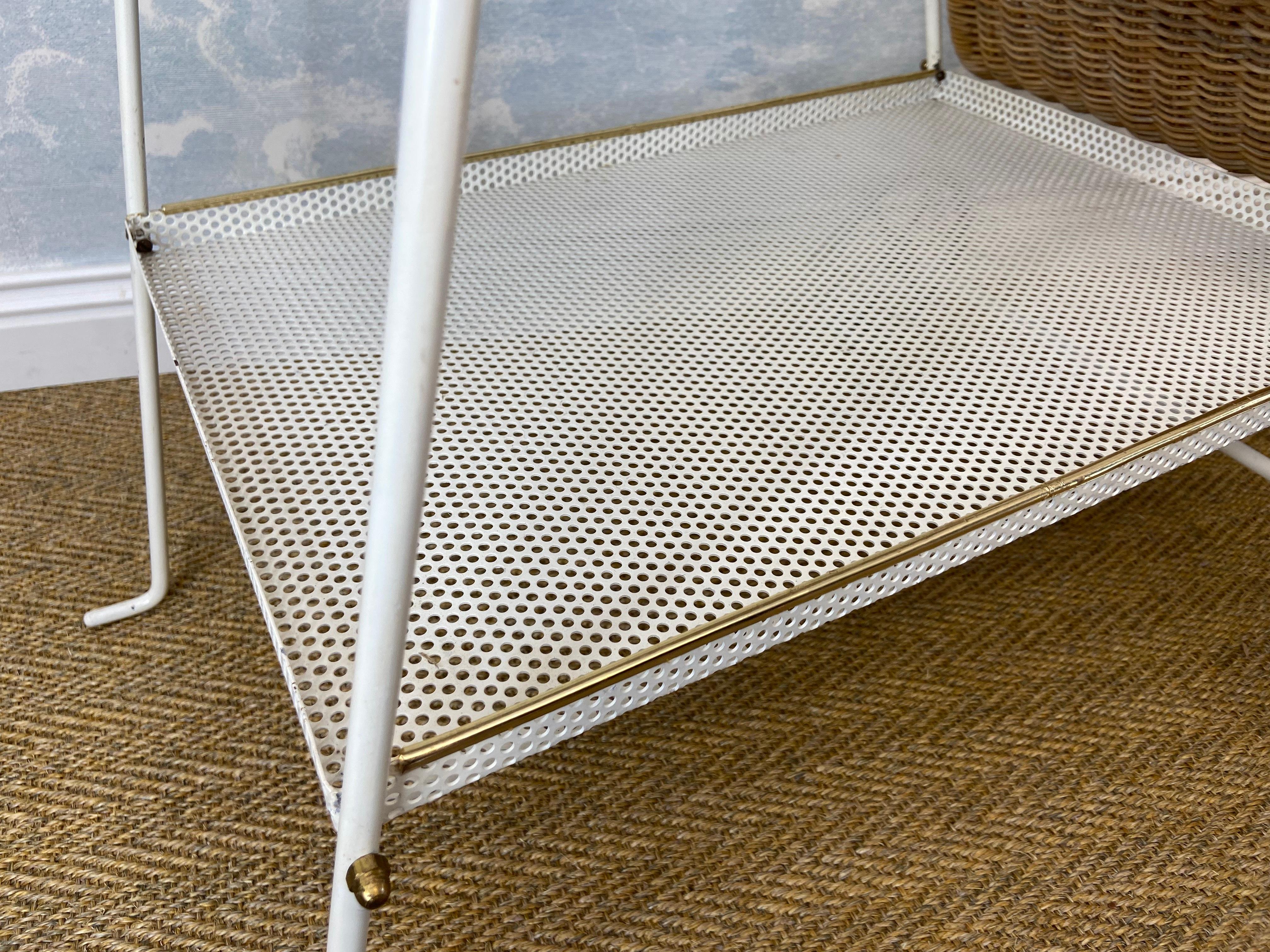 Mid-20th Century 1960s White Bar Cart / Tea Trolley with Wicker Basket and Removable Tray For Sale