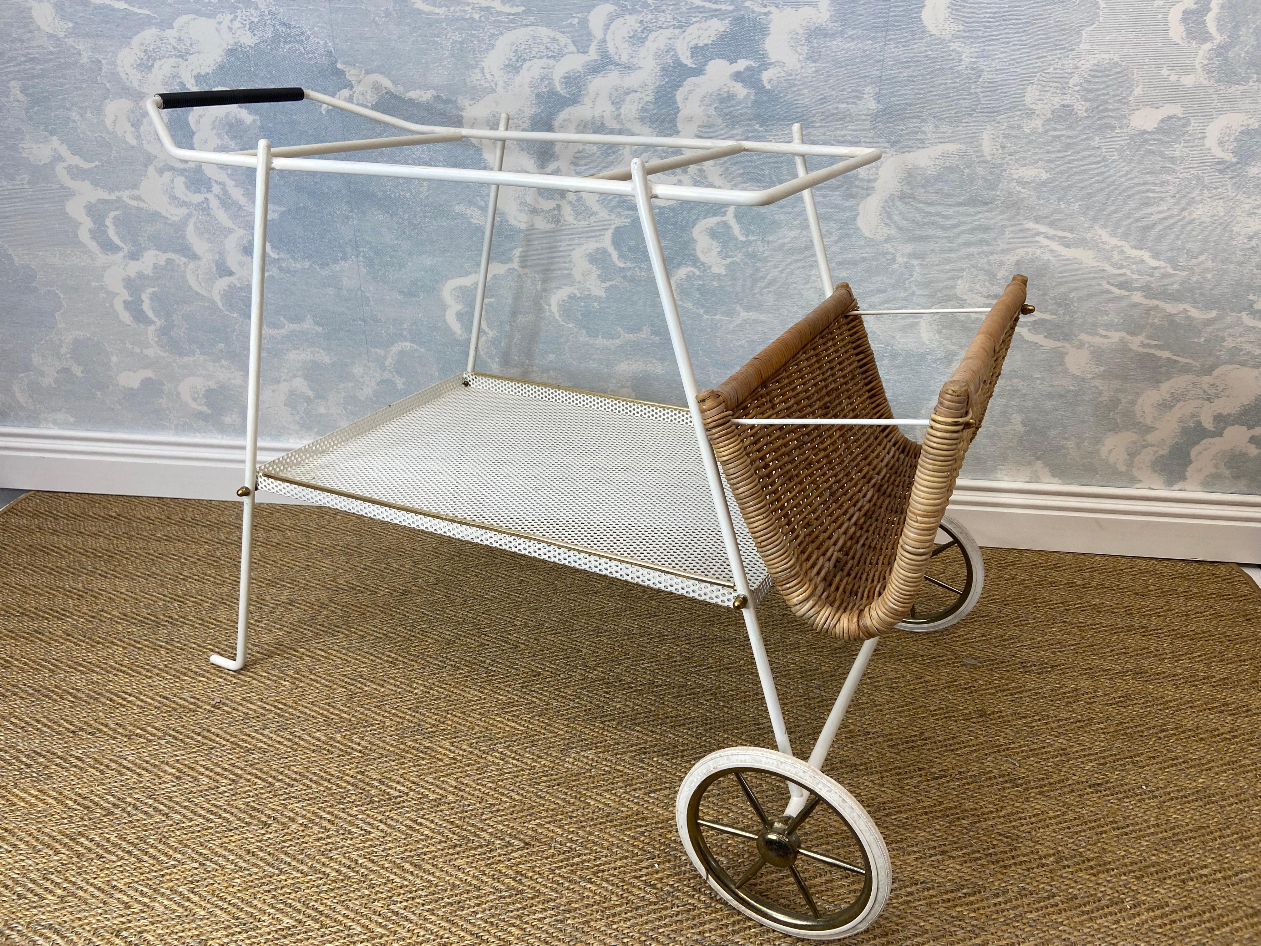 Metal 1960s White Bar Cart / Tea Trolley with Wicker Basket and Removable Tray For Sale