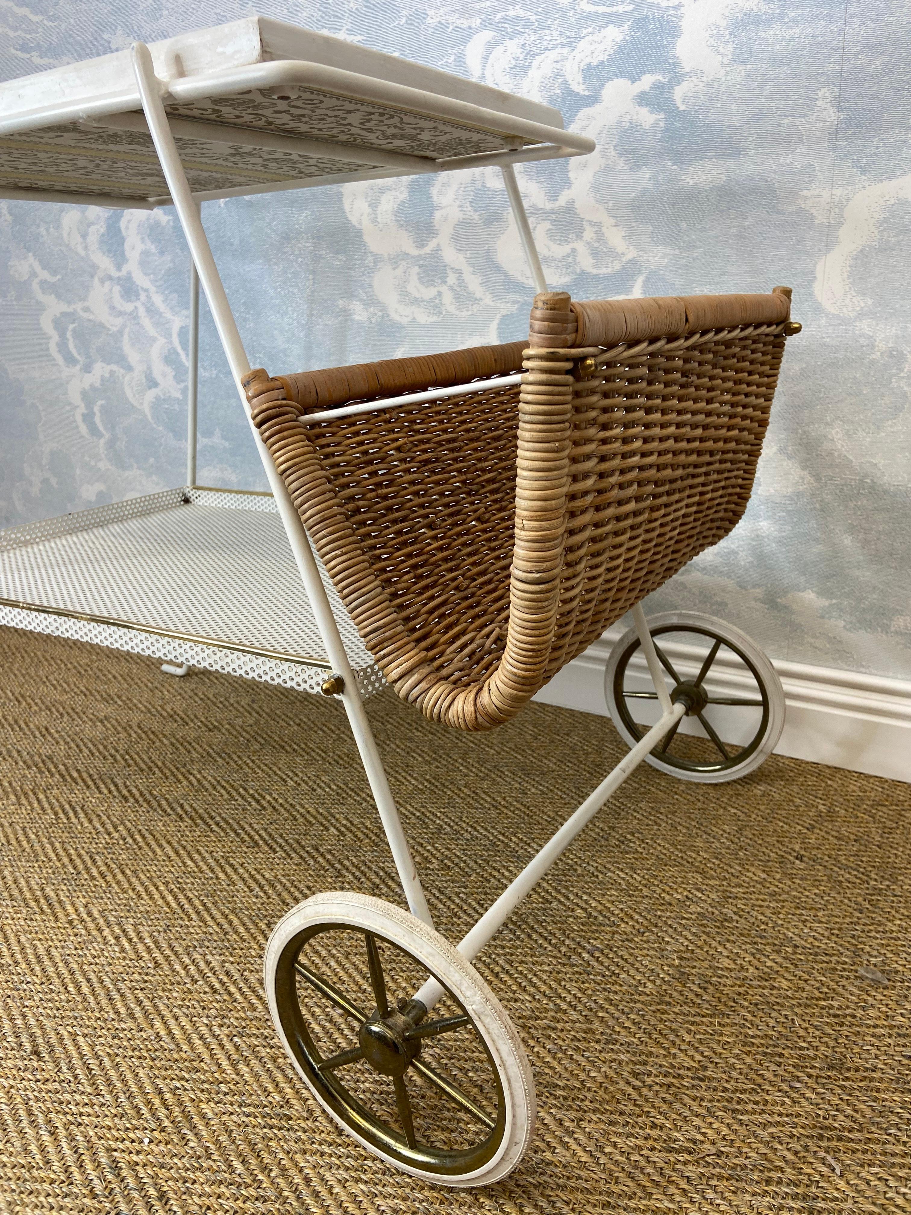 1960s White Bar Cart / Tea Trolley with Wicker Basket and Removable Tray For Sale 2