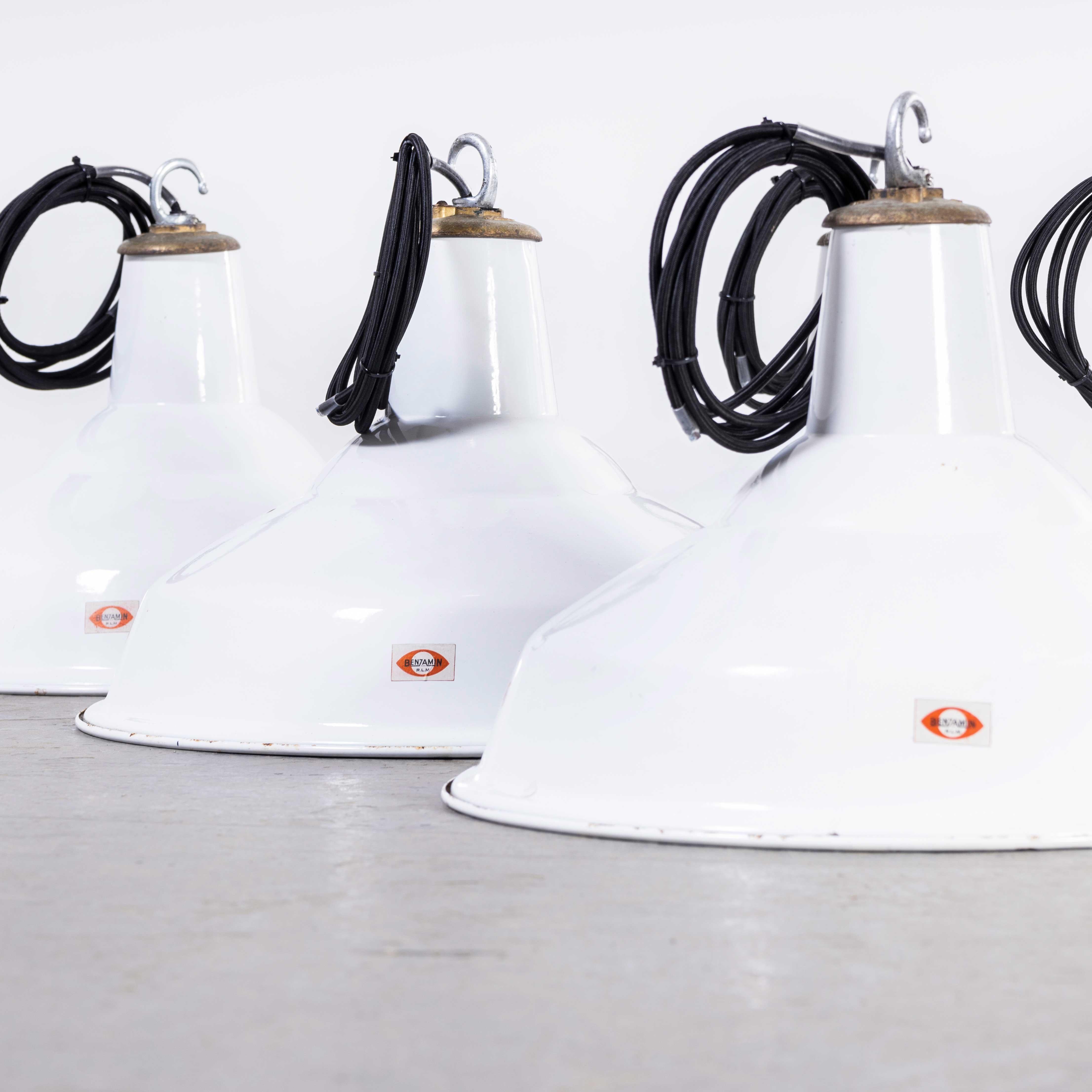 English 1960s White Benjamin Enamelled Pendant Lamps For Sale