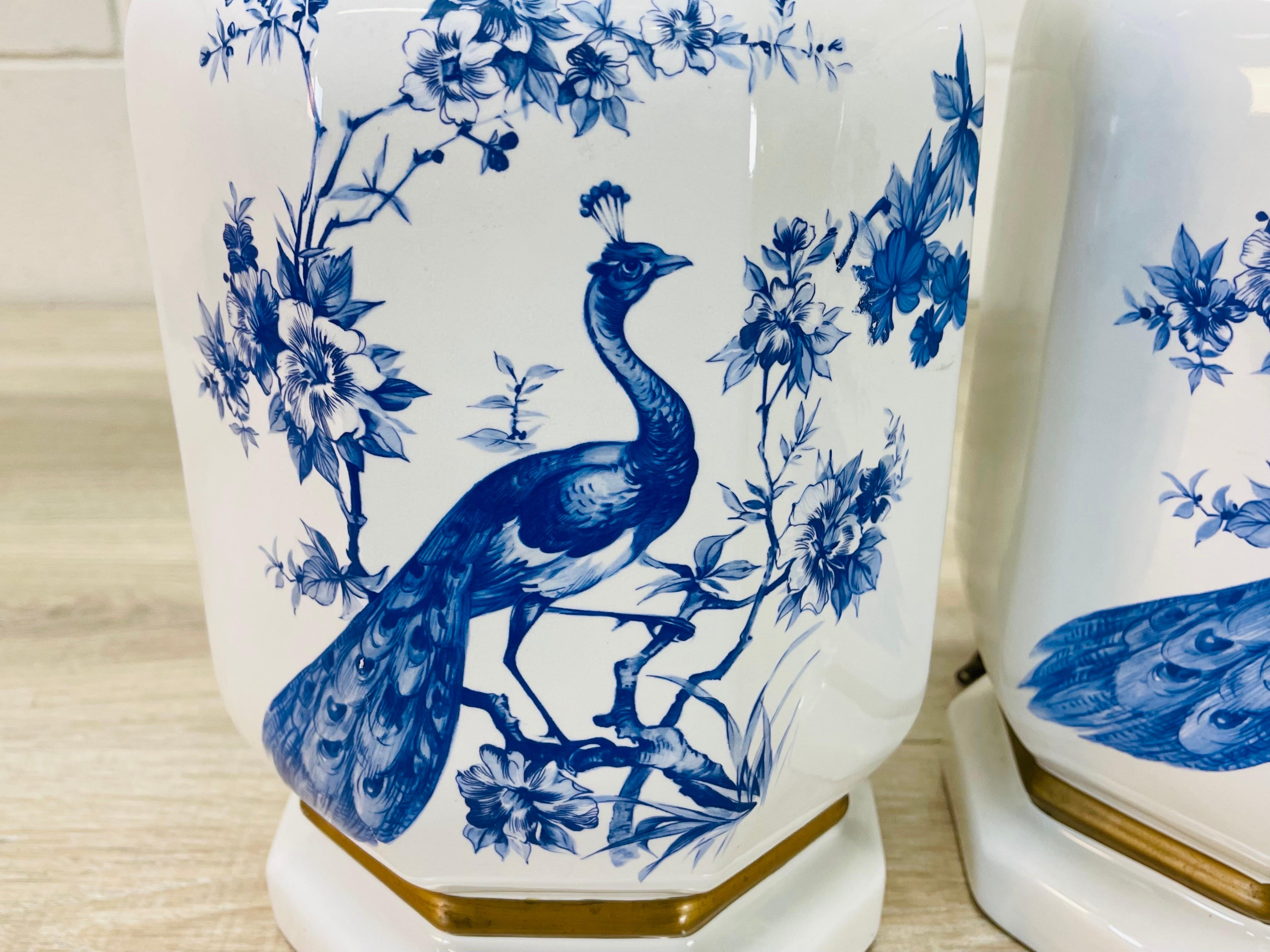 1960s, White & Blue Peacock Table Lamps, Pair In Good Condition For Sale In Amherst, NH