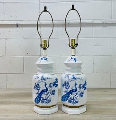 1960s, White & Blue Peacock Table Lamps, Pair