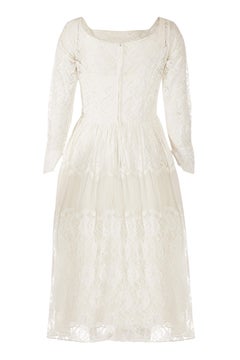 1960s White Chantilly Style Lace Tiered Wedding Dress