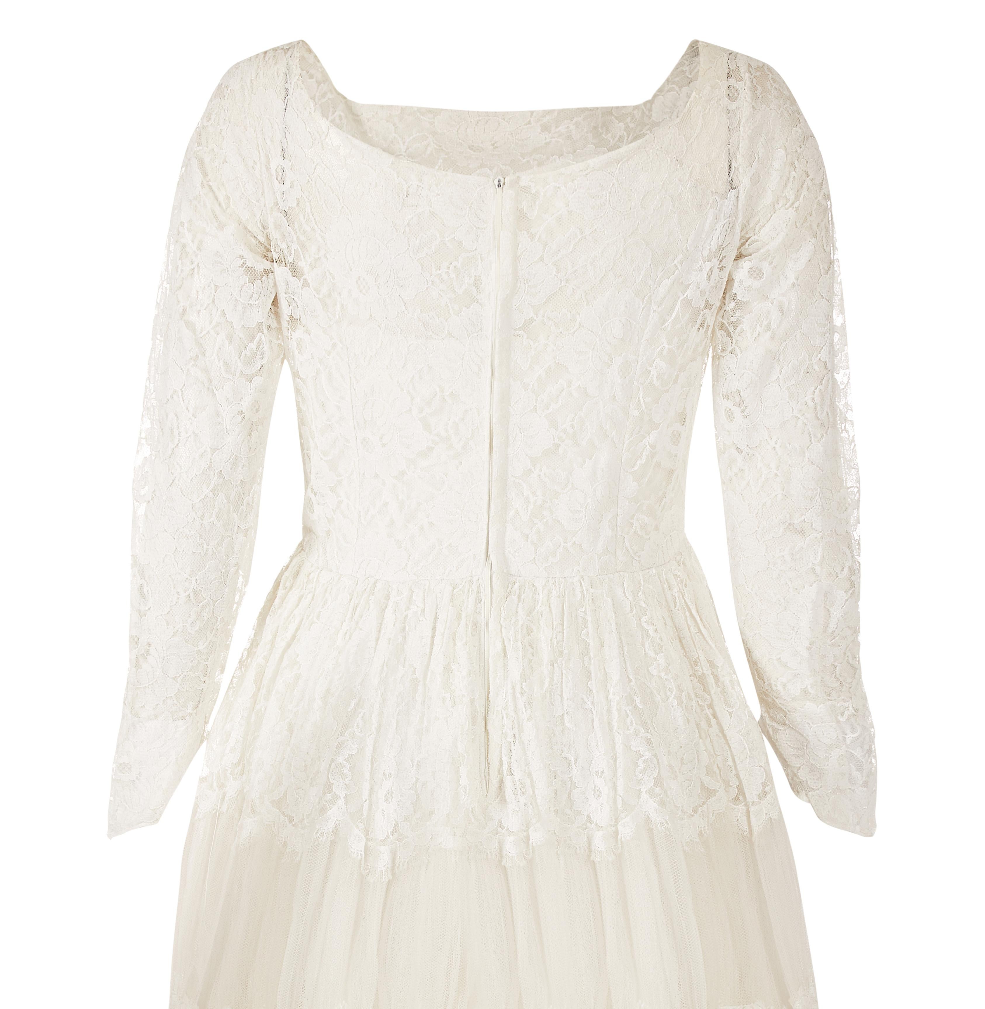 Women's 1960s White Chantilly Style Lace Tiered Wedding Dress  For Sale