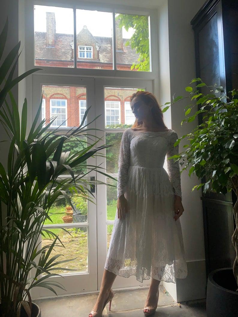 1960s White Chantilly Style Lace Tiered Wedding Dress For Sale 2