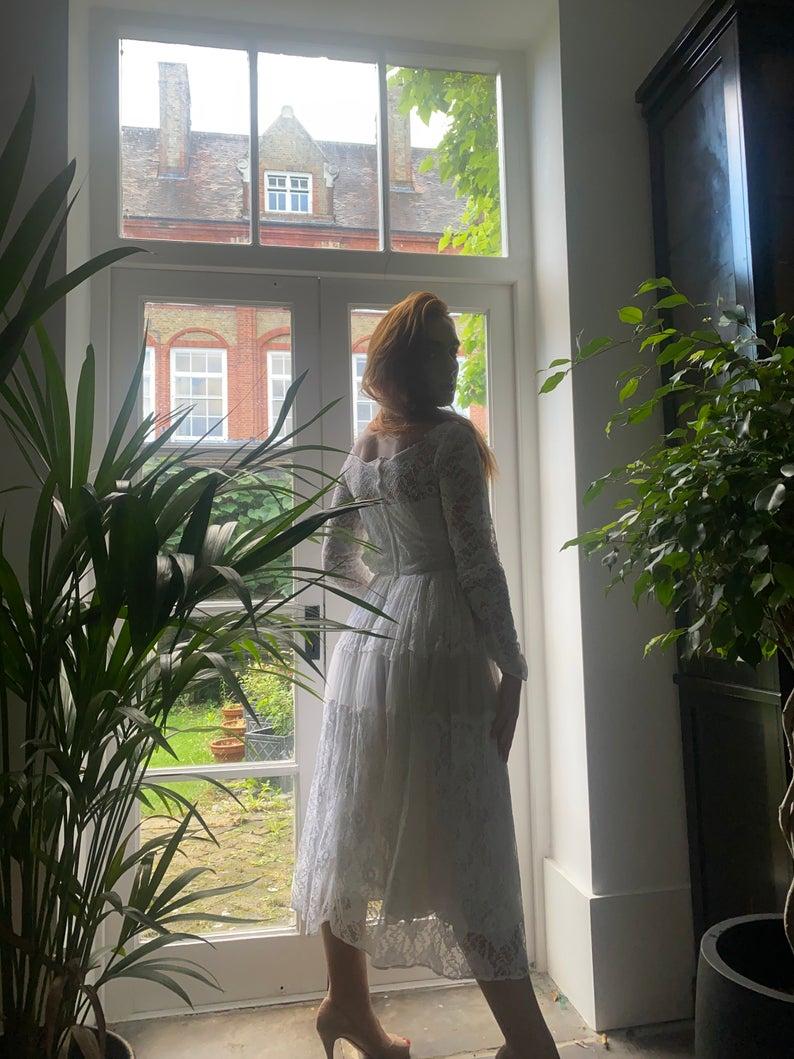 1960s White Chantilly Style Lace Tiered Wedding Dress For Sale 3