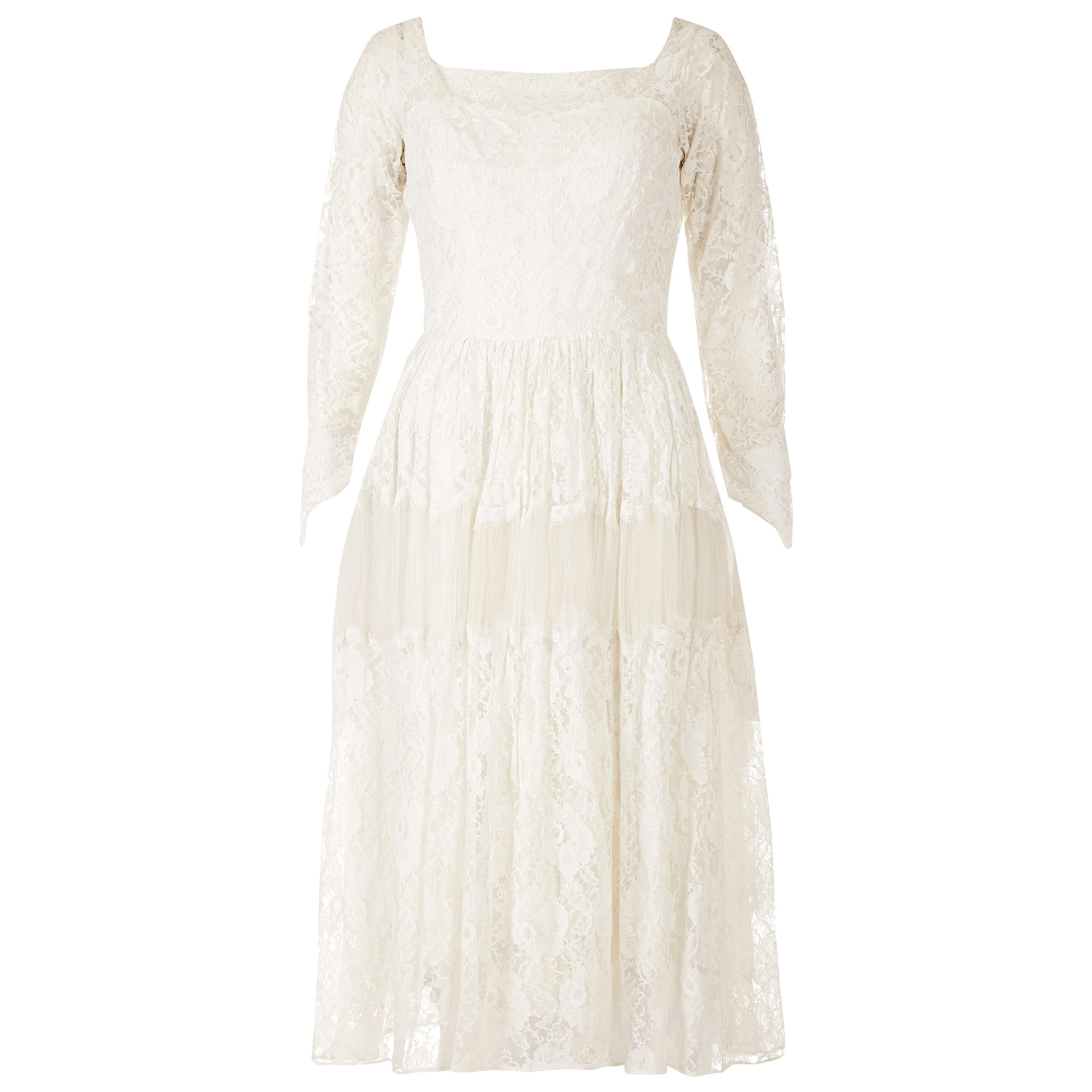 1960s White Chantilly Style Lace Tiered Wedding Dress  For Sale