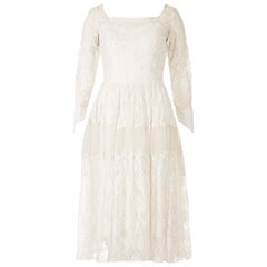 1960s White Chantilly Style Lace Tiered Wedding Dress 