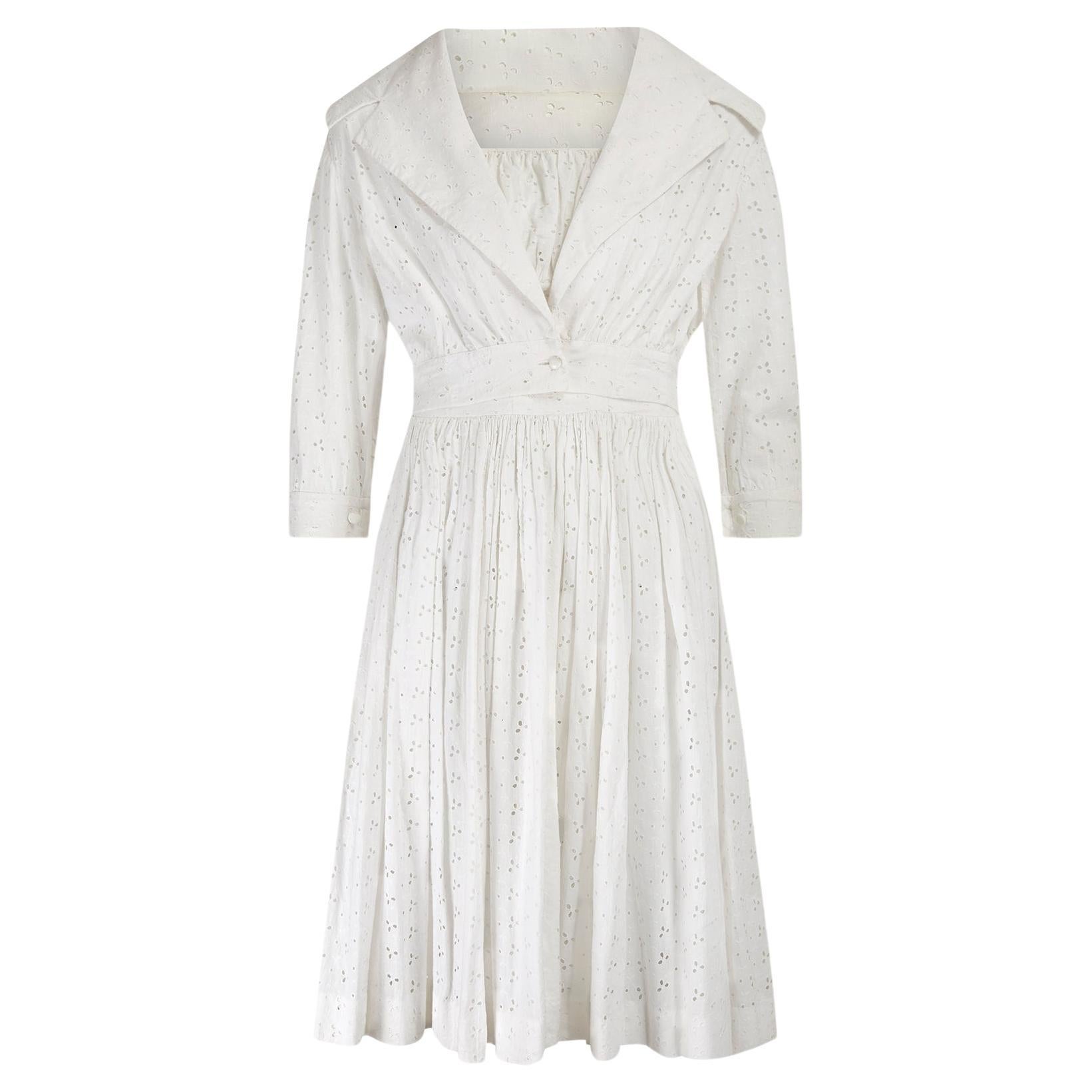 1960s White Cotton Broderie Anglaise Dress and Jacket Set