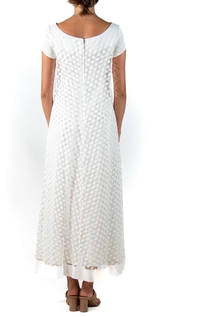 1960S White & Cream Linen Cotton Polka Dot Lace Empire Waist Wedding Dress For Sale 1